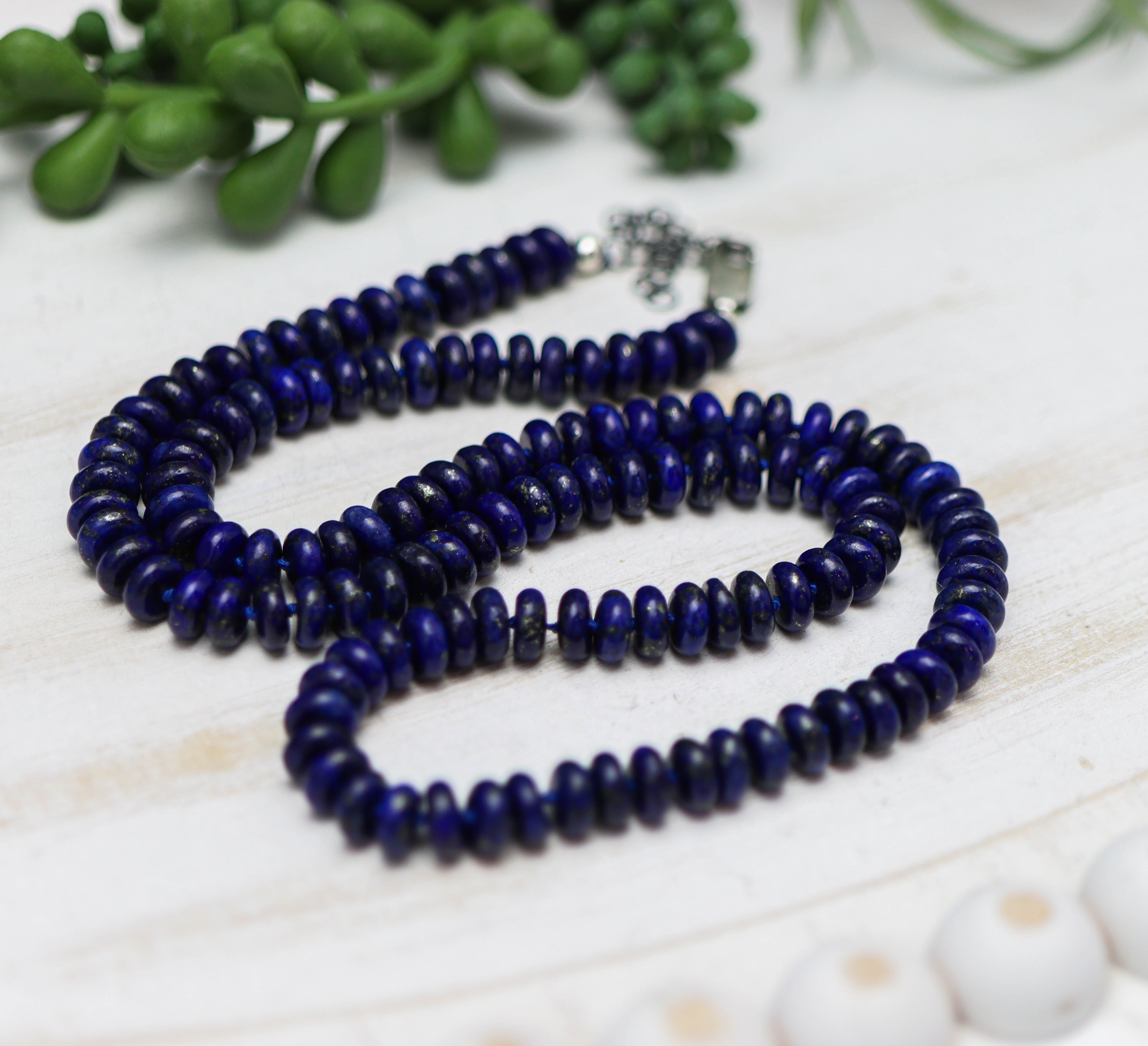 Blue Lapis Hand Knotted Bead Necklace Sterling Silver