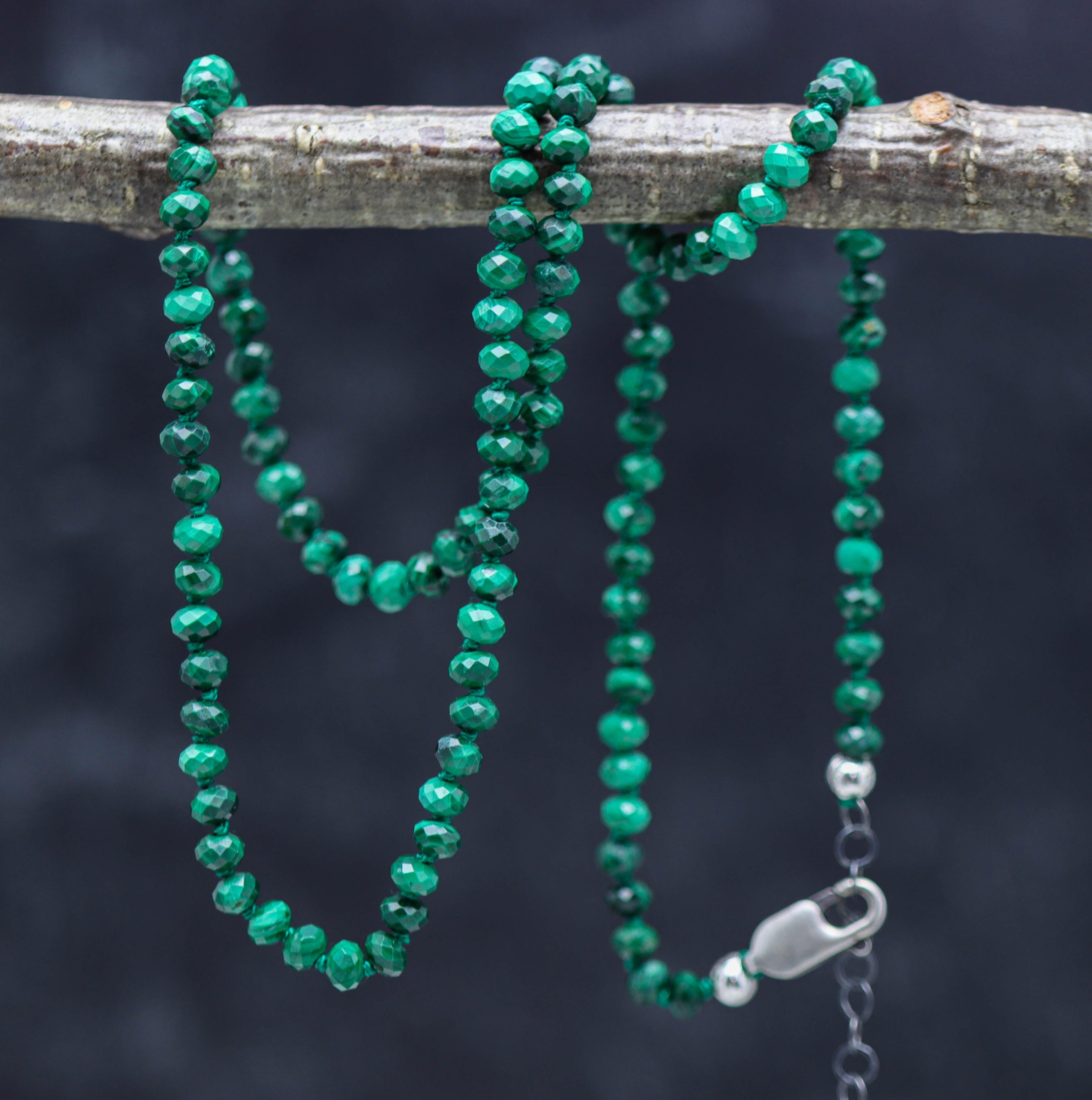 Malachite Hand Knotted Bead Necklace Sterling Silver