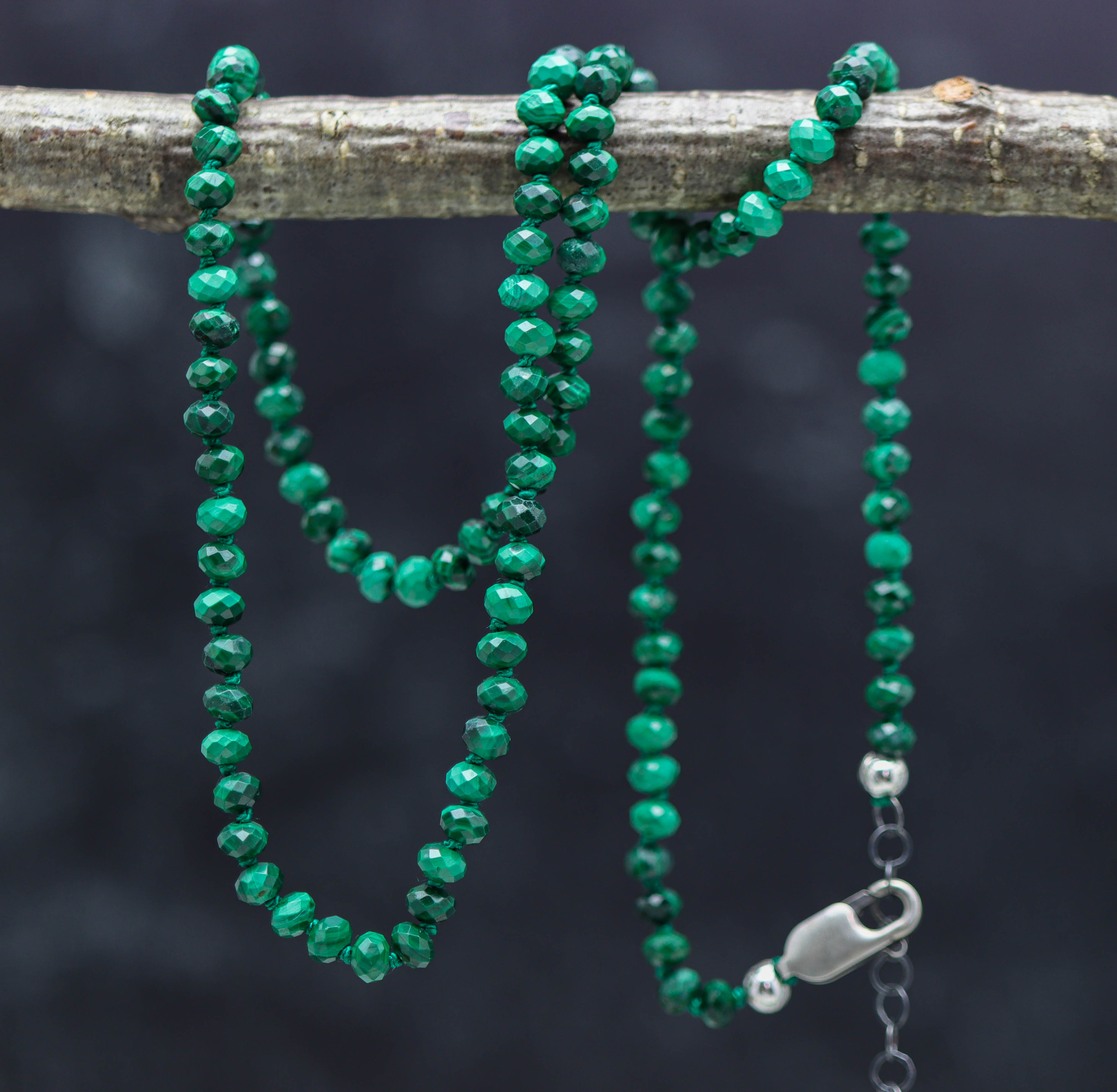 Malachite Hand Knotted Bead Necklace Sterling Silver