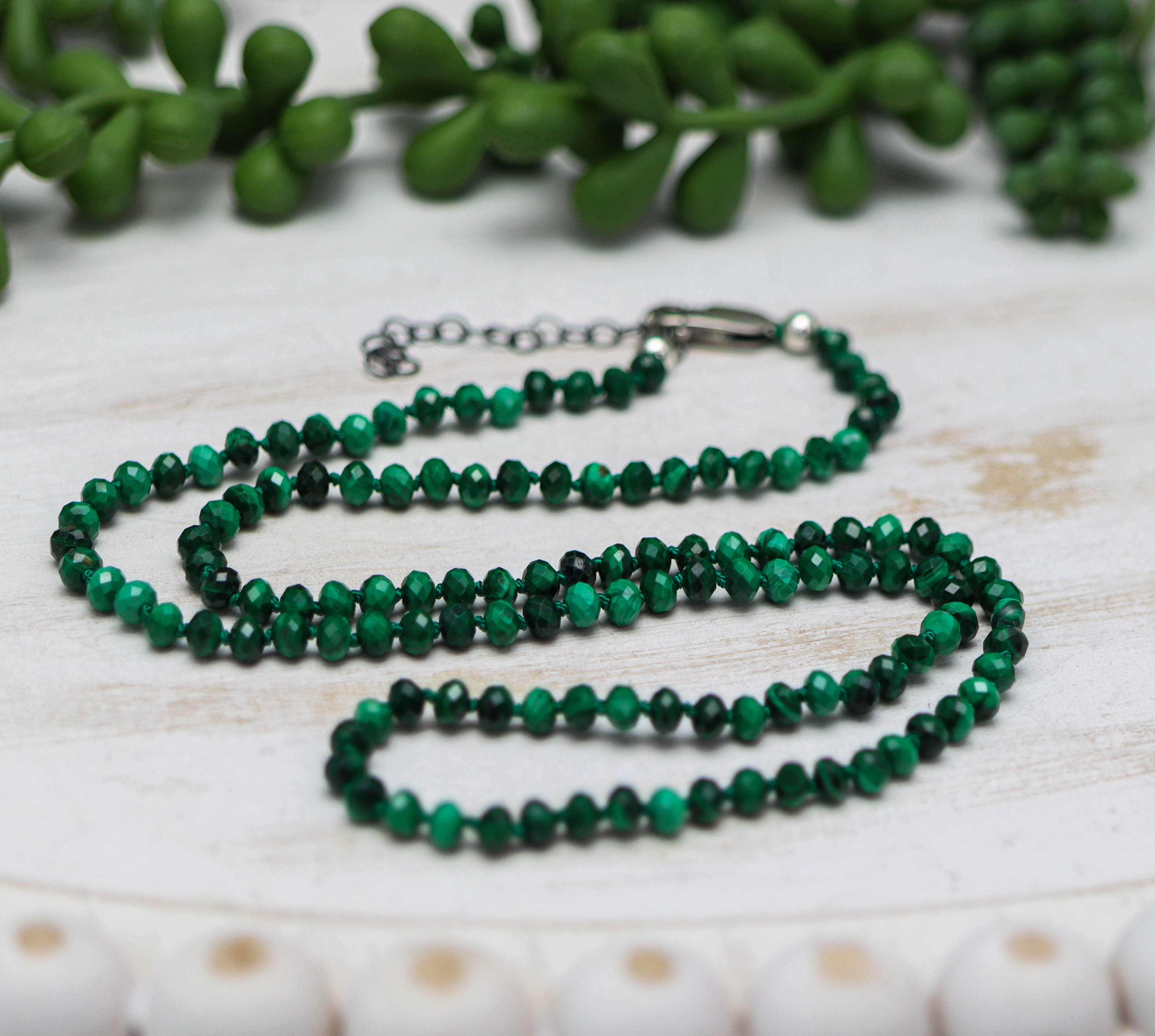 Malachite Hand Knotted Bead Necklace Sterling Silver