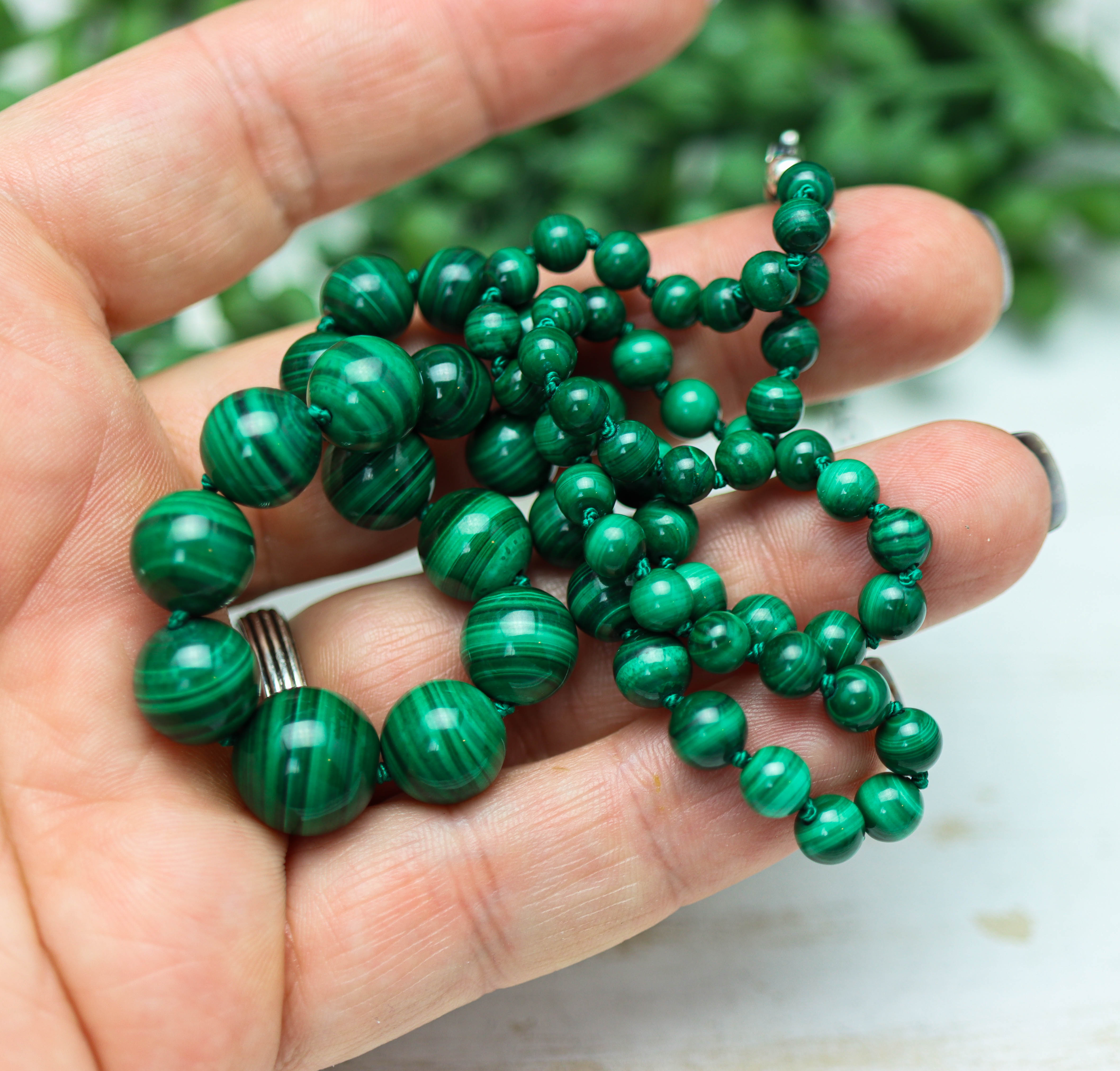 Malachite Hand Knotted Bead Necklace Sterling Silver