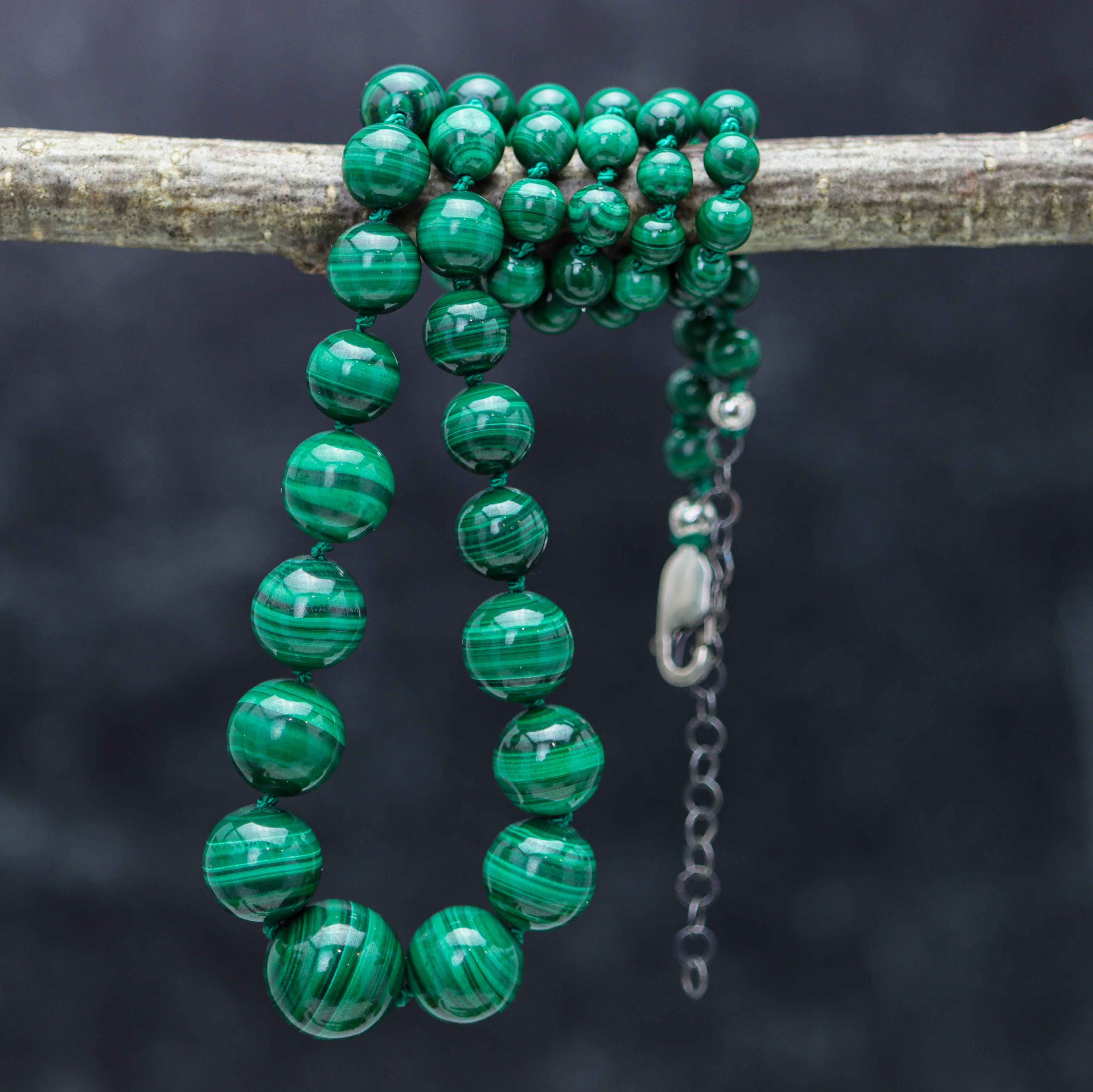 Malachite Hand Knotted Bead Necklace Sterling Silver