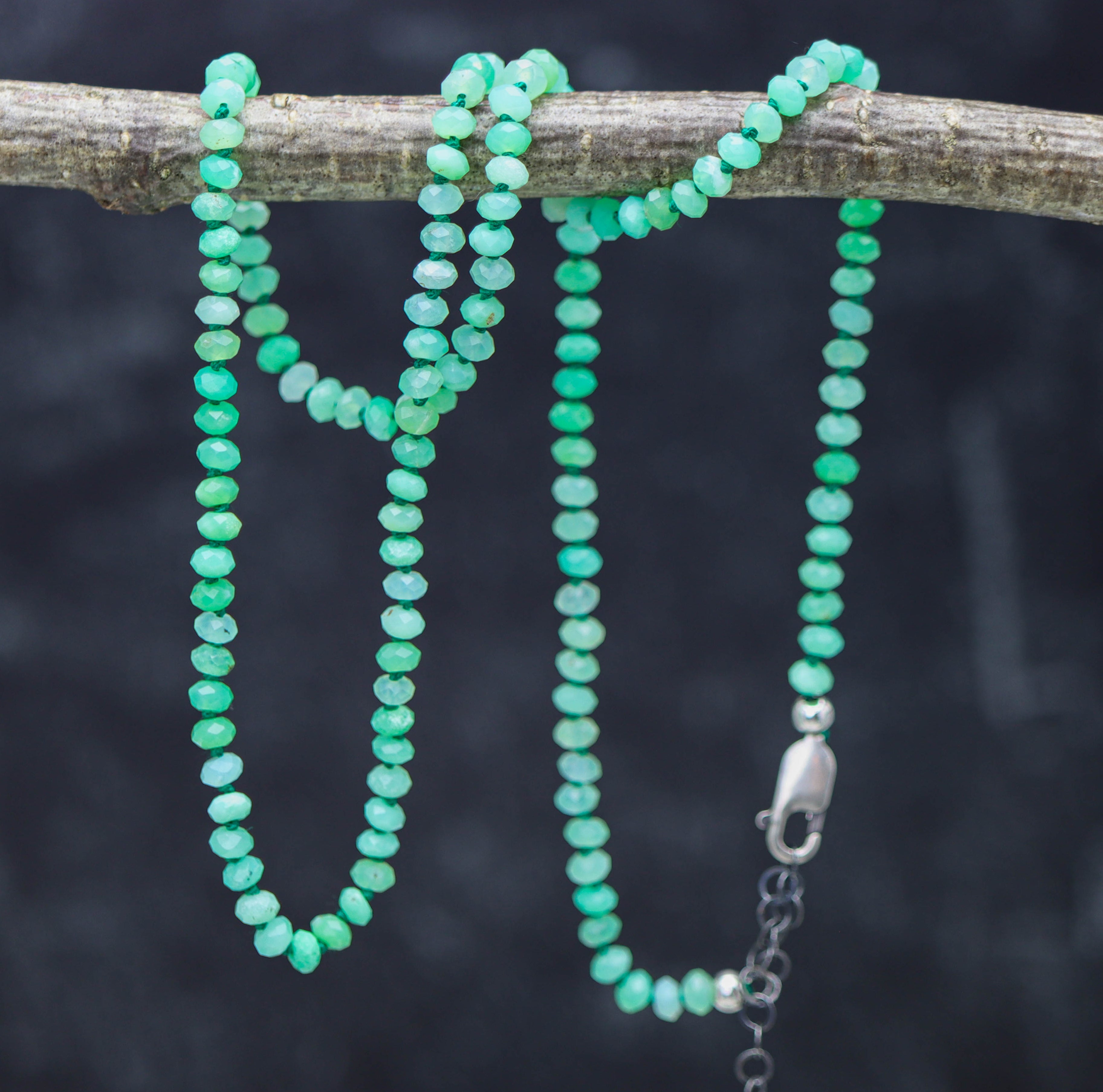 Chrysoprase Hand Knotted Bead Necklace Sterling Silver