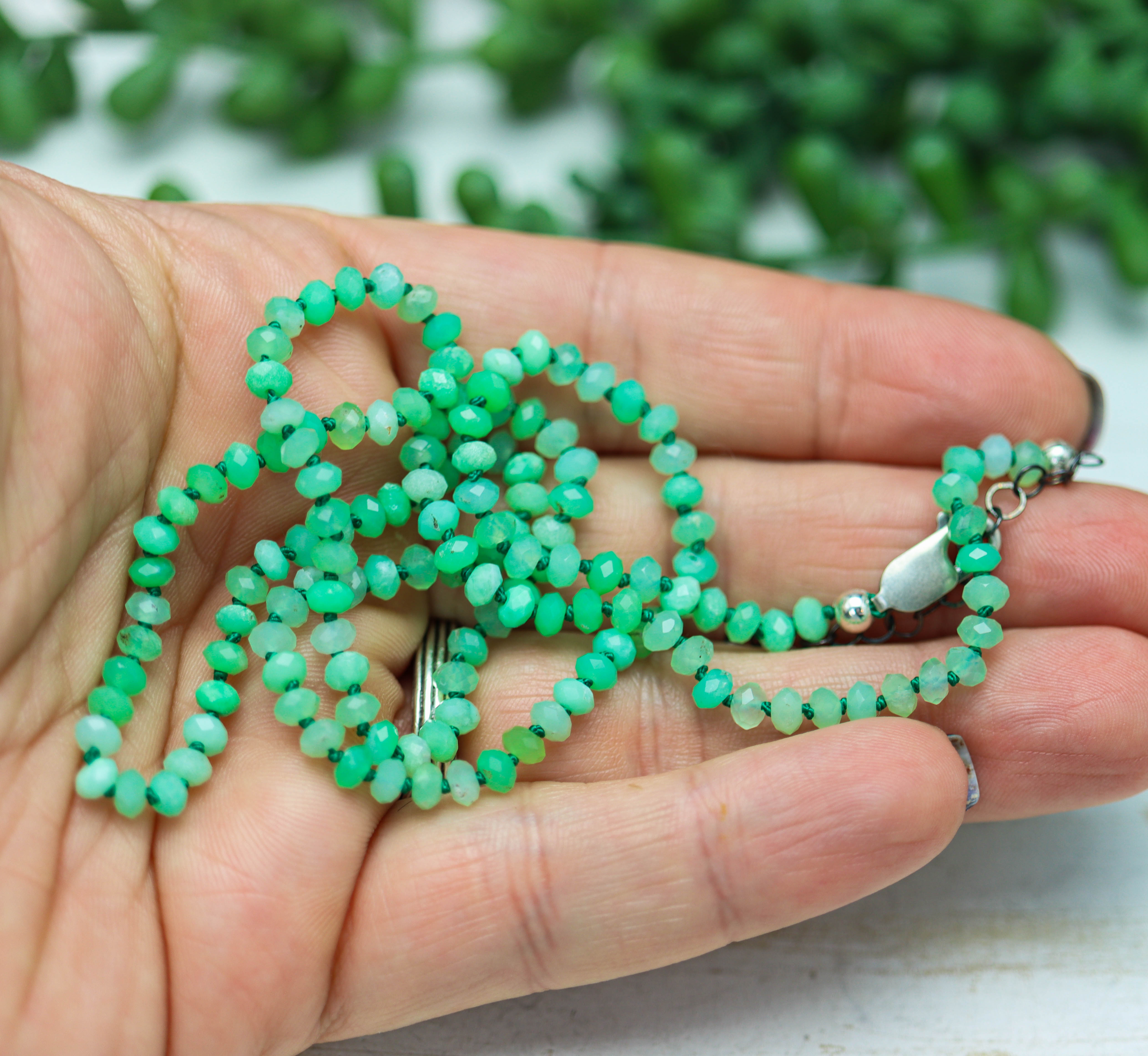 Chrysoprase Hand Knotted Bead Necklace Sterling Silver