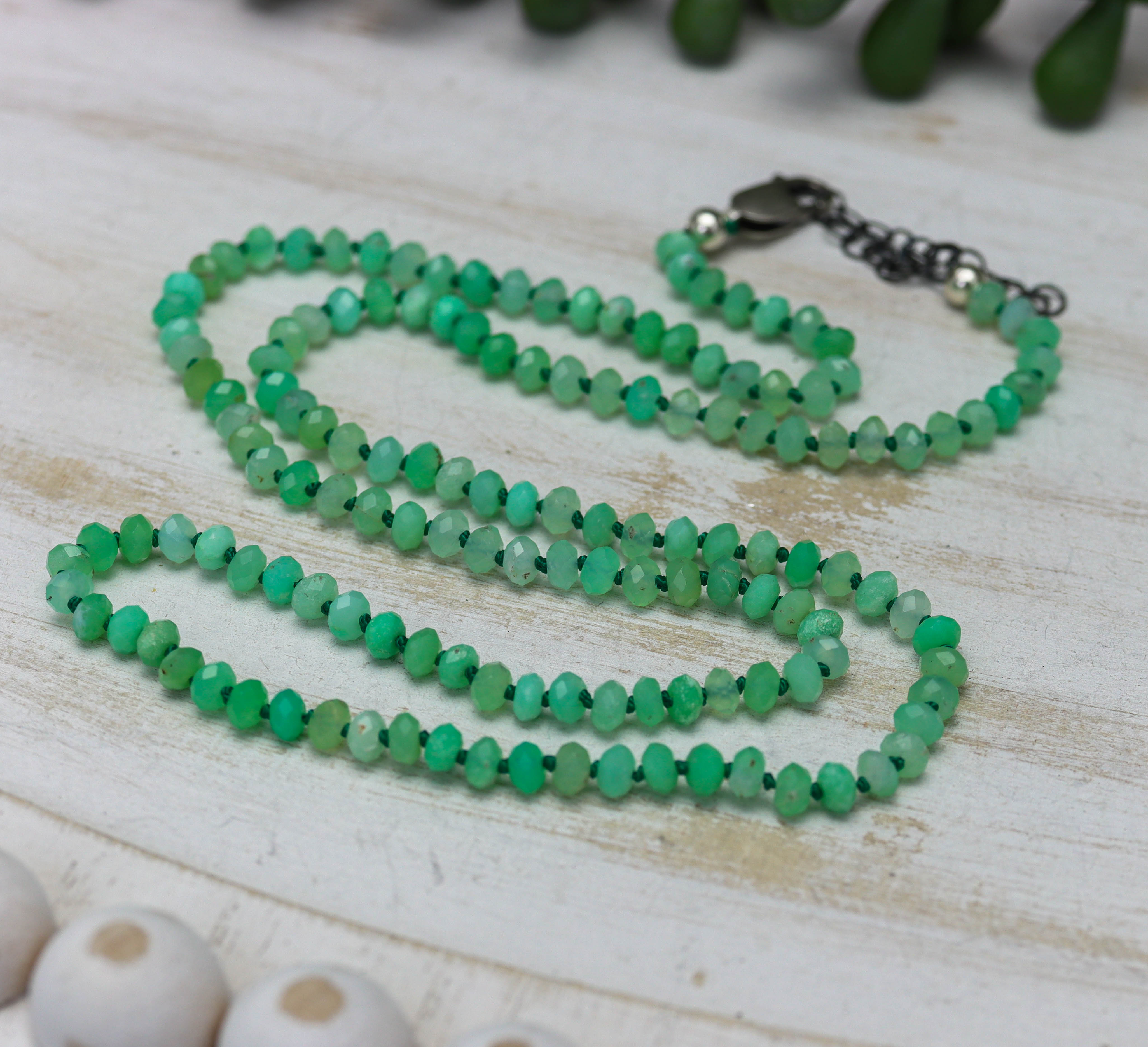 Chrysoprase Hand Knotted Bead Necklace Sterling Silver