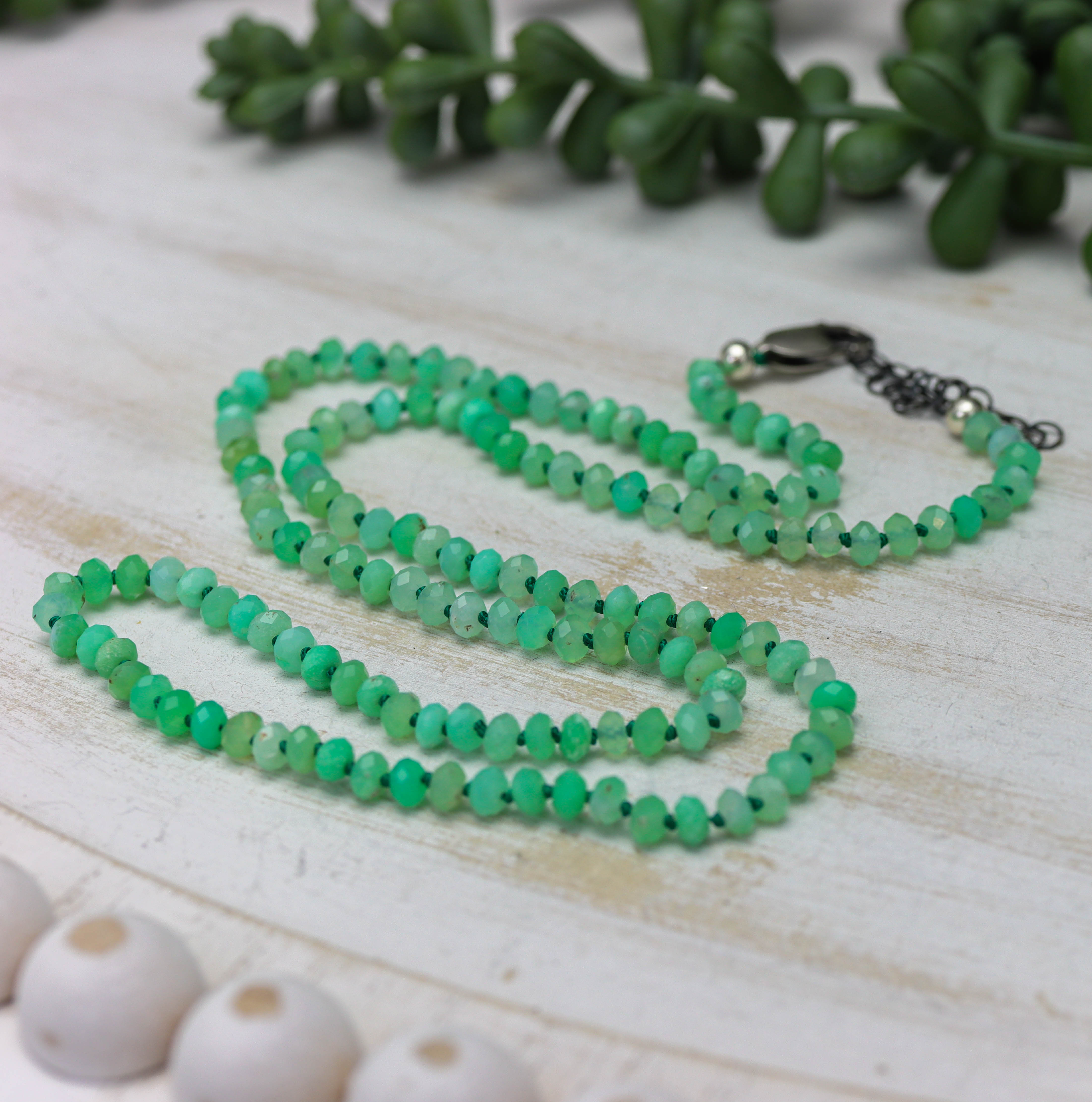 Chrysoprase Hand Knotted Bead Necklace Sterling Silver
