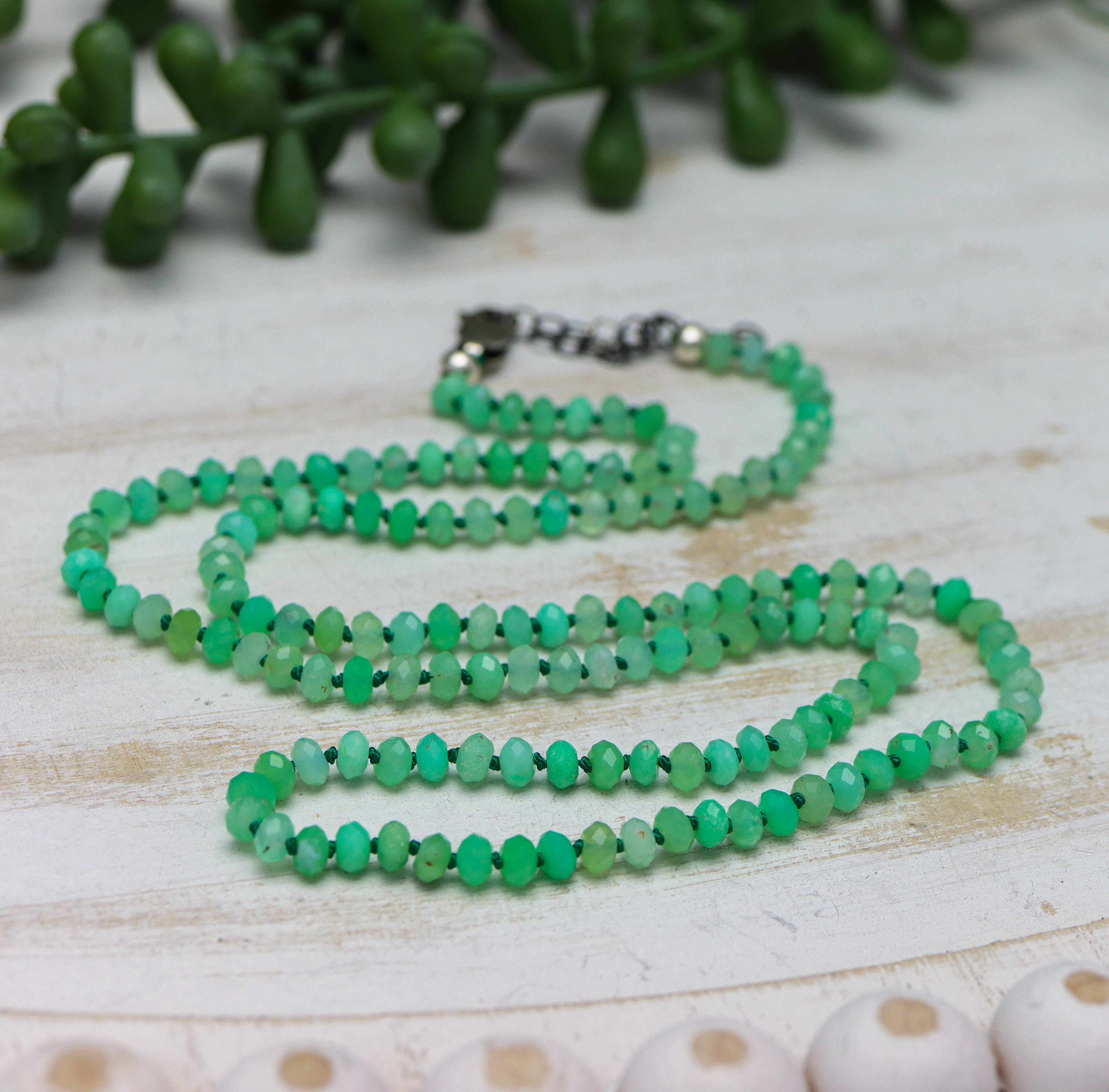 Chrysoprase Hand Knotted Bead Necklace Sterling Silver