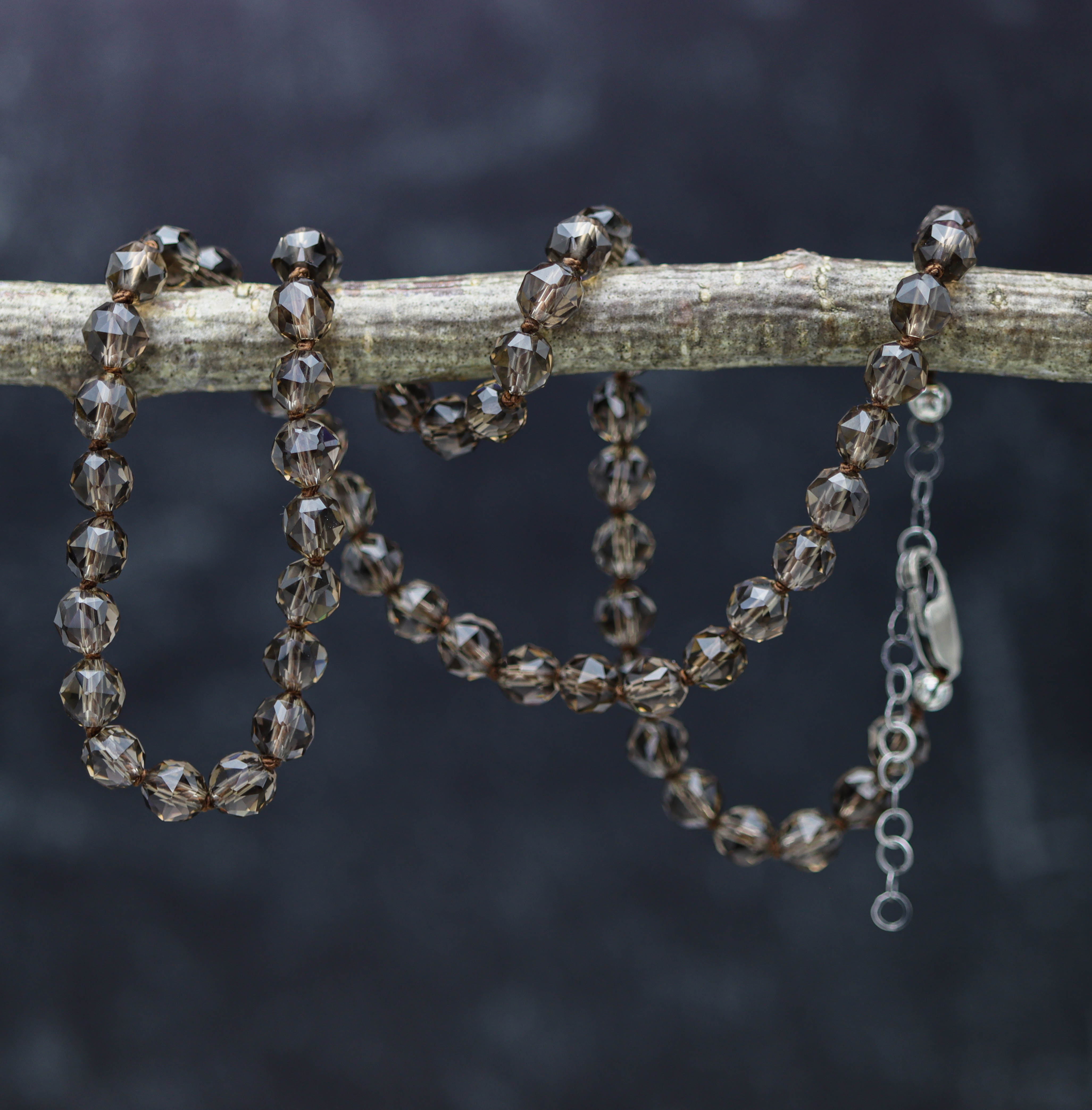Smoky Quartz Hand Knotted Bead Necklace Sterling Silver