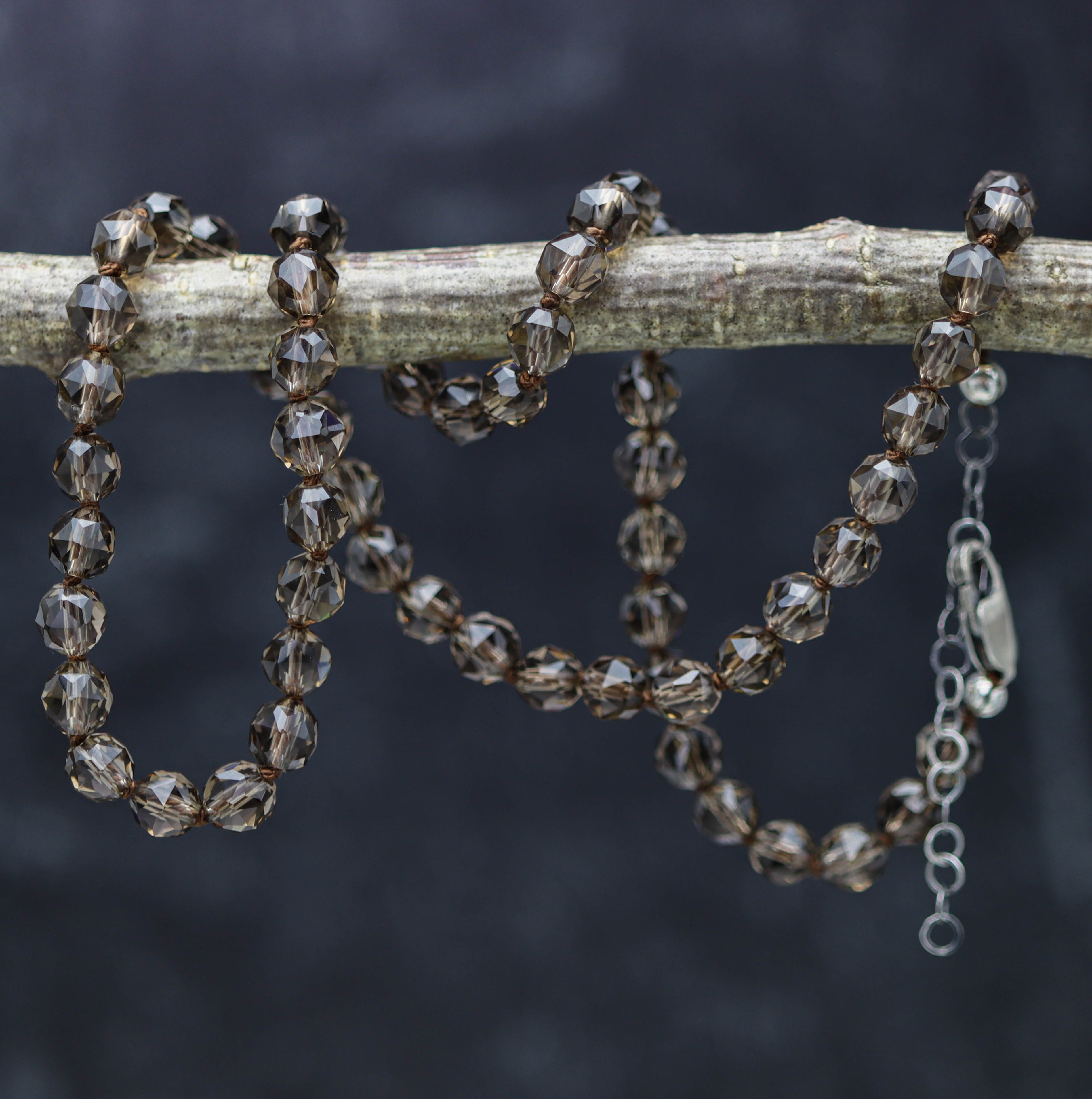 Smoky Quartz Hand Knotted Bead Necklace Sterling Silver