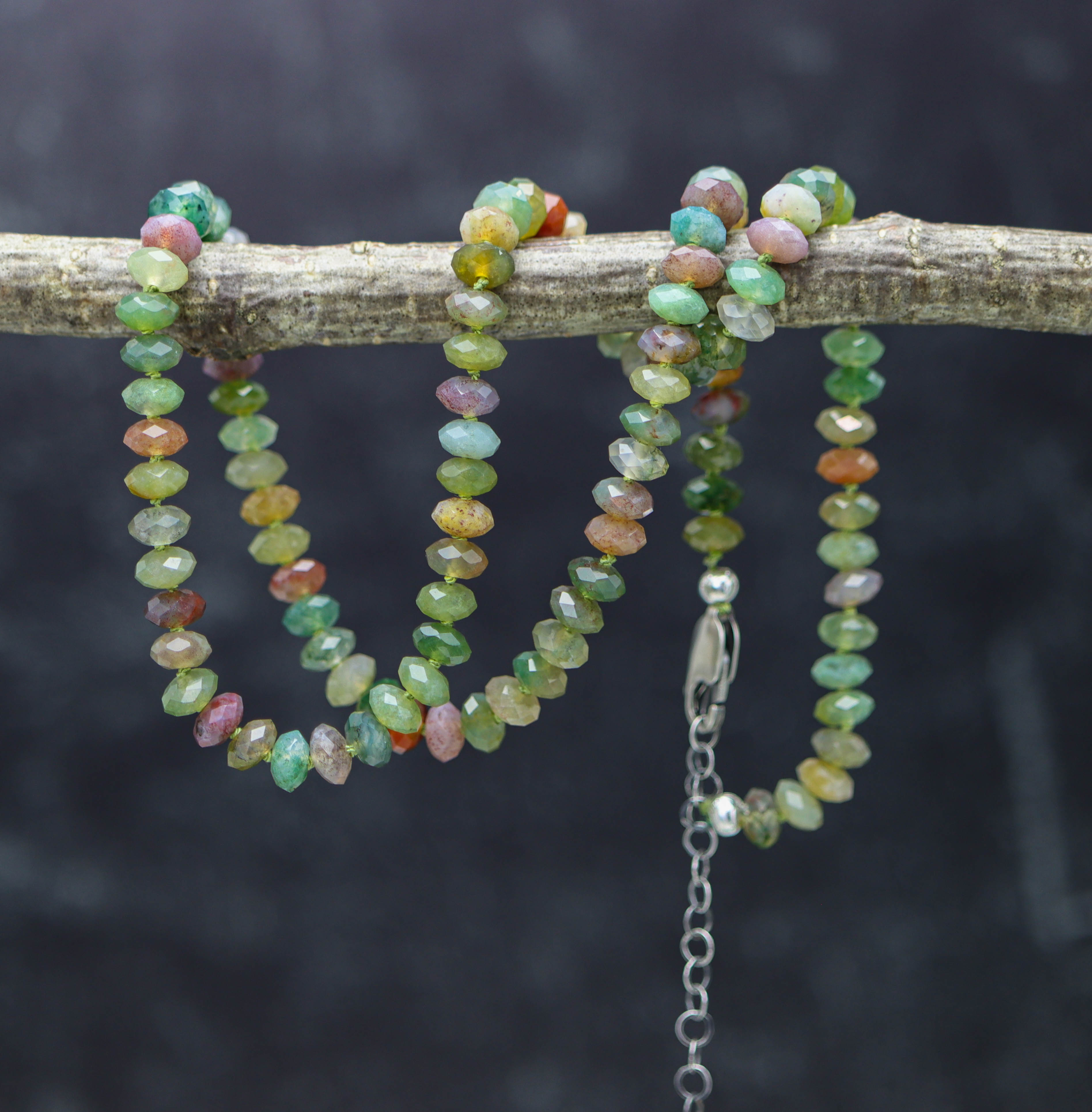 Indian Agate Hand Knotted Bead Necklace Sterling Silver