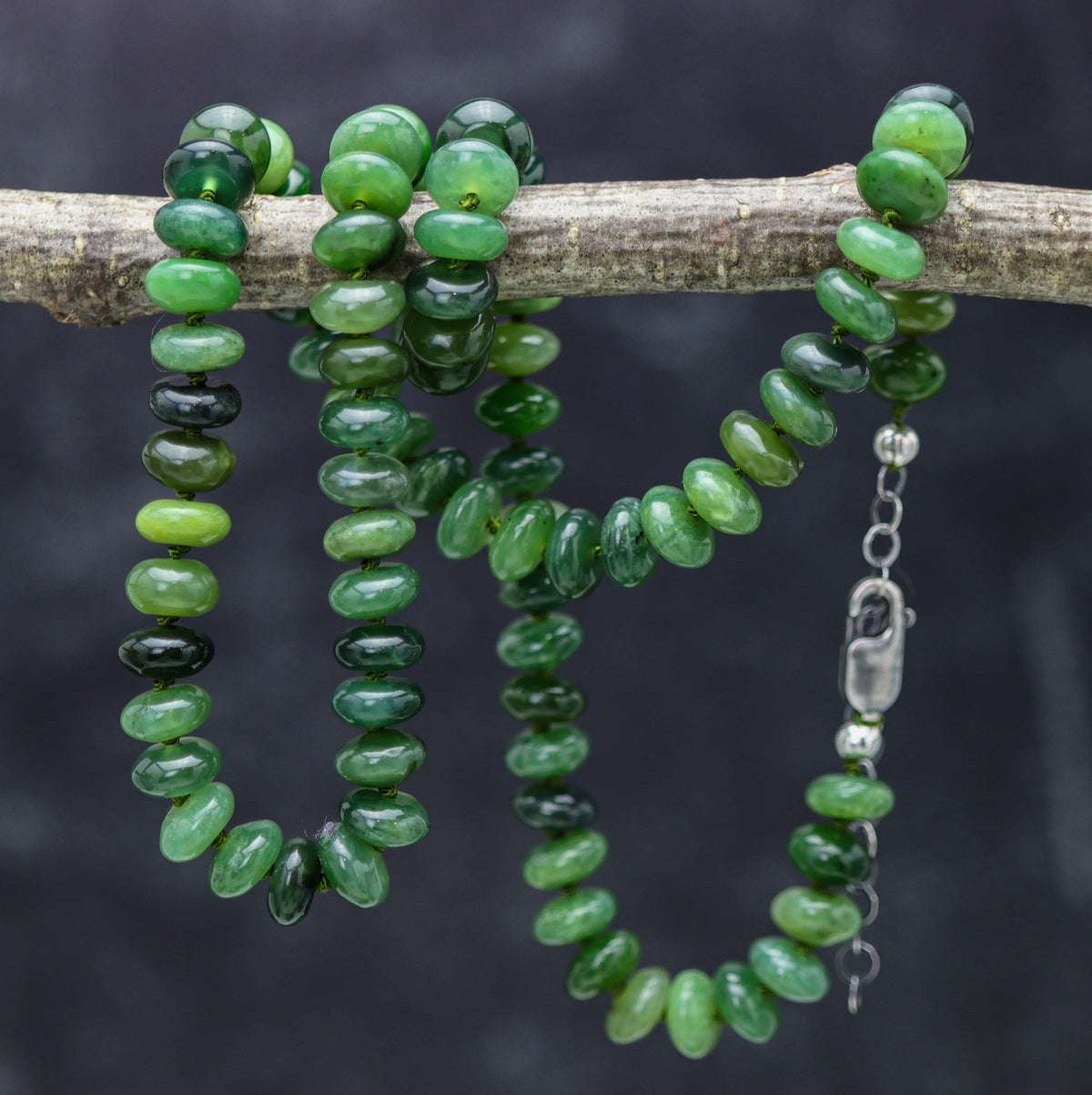 Siberian Green Jade Hand Knotted Bead Necklace Sterling Silver