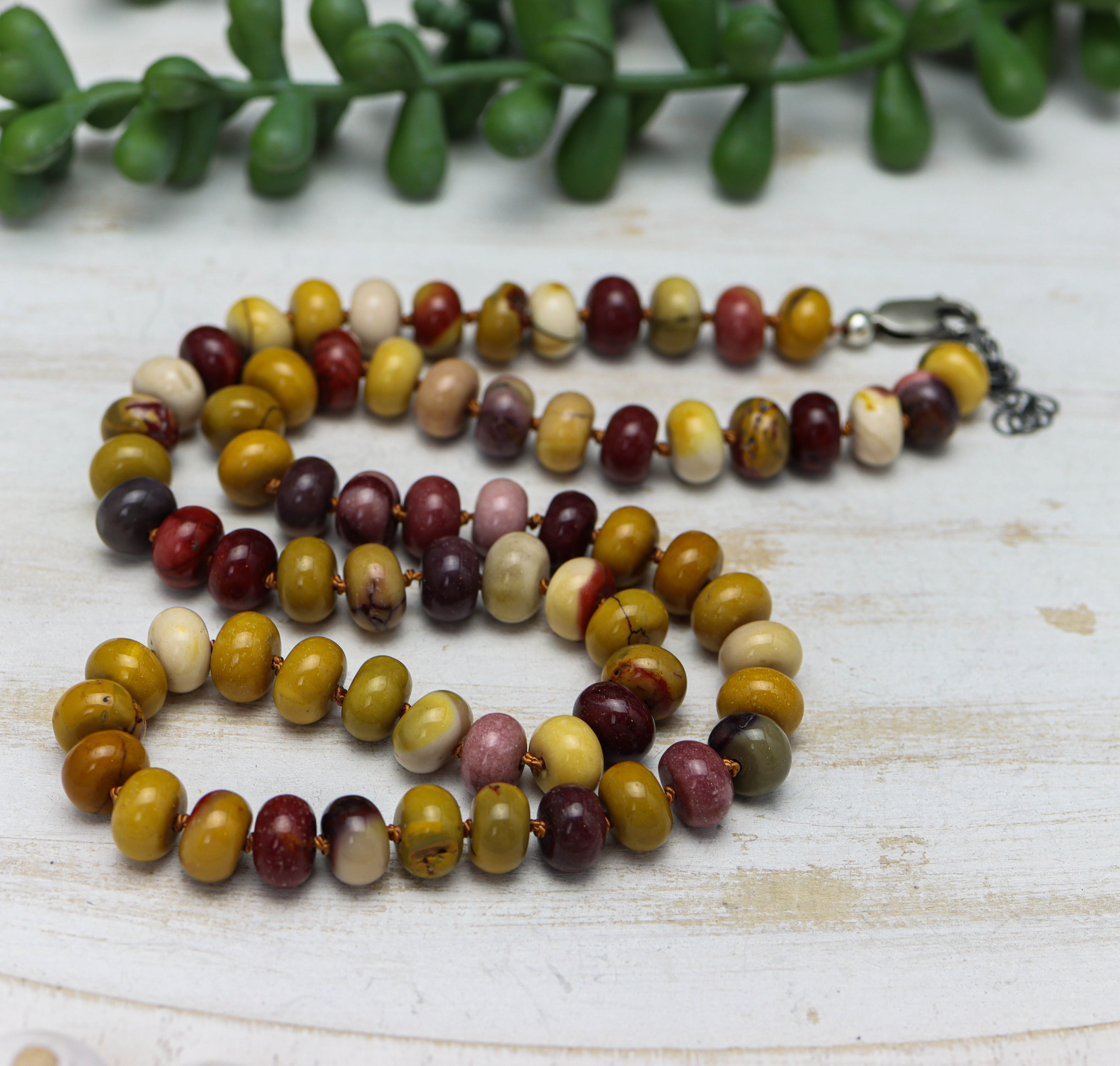 Mookaite Jasper Hand Knotted Bead Necklace Sterling Silver