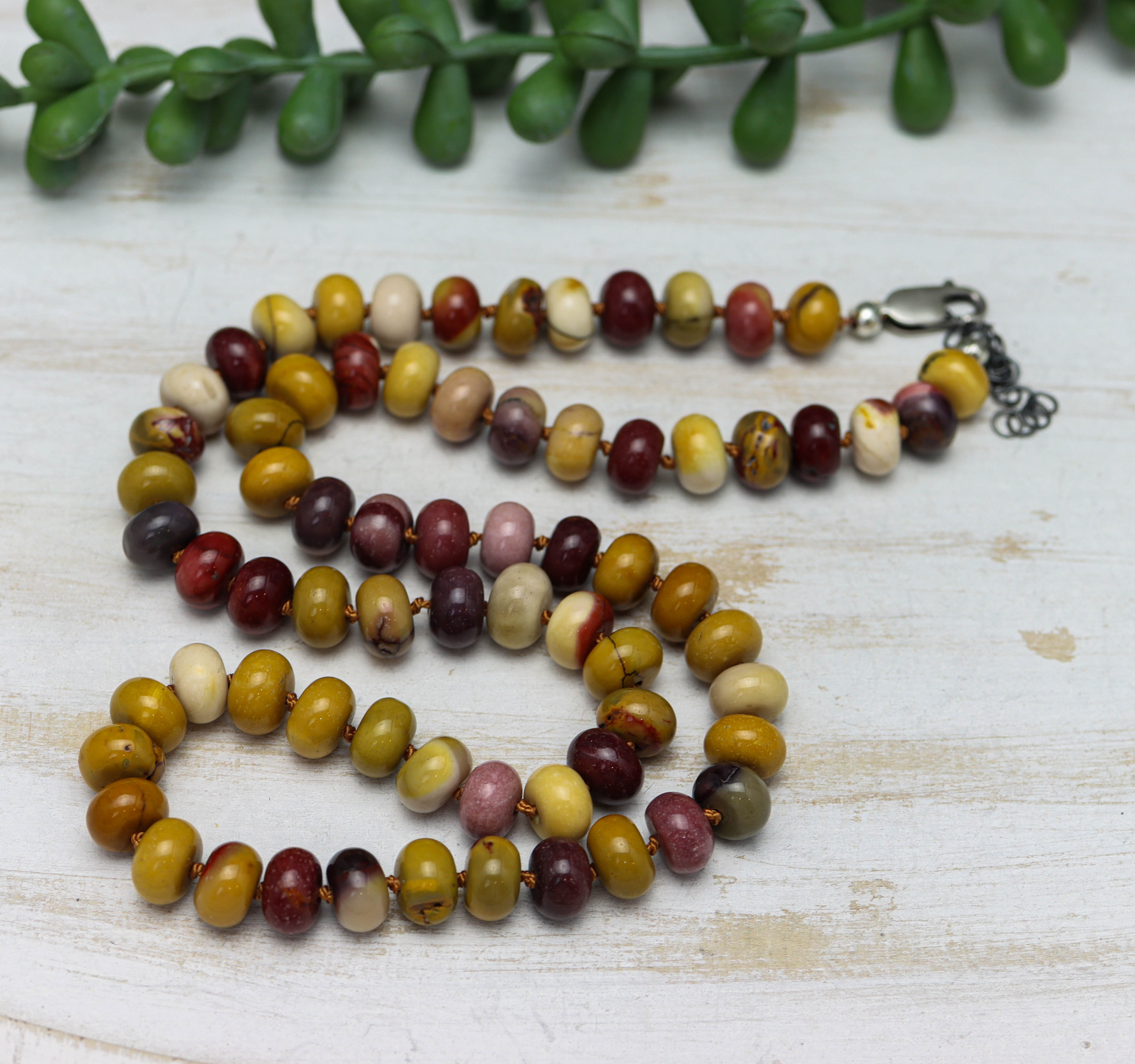 Mookaite Jasper Hand Knotted Bead Necklace Sterling Silver