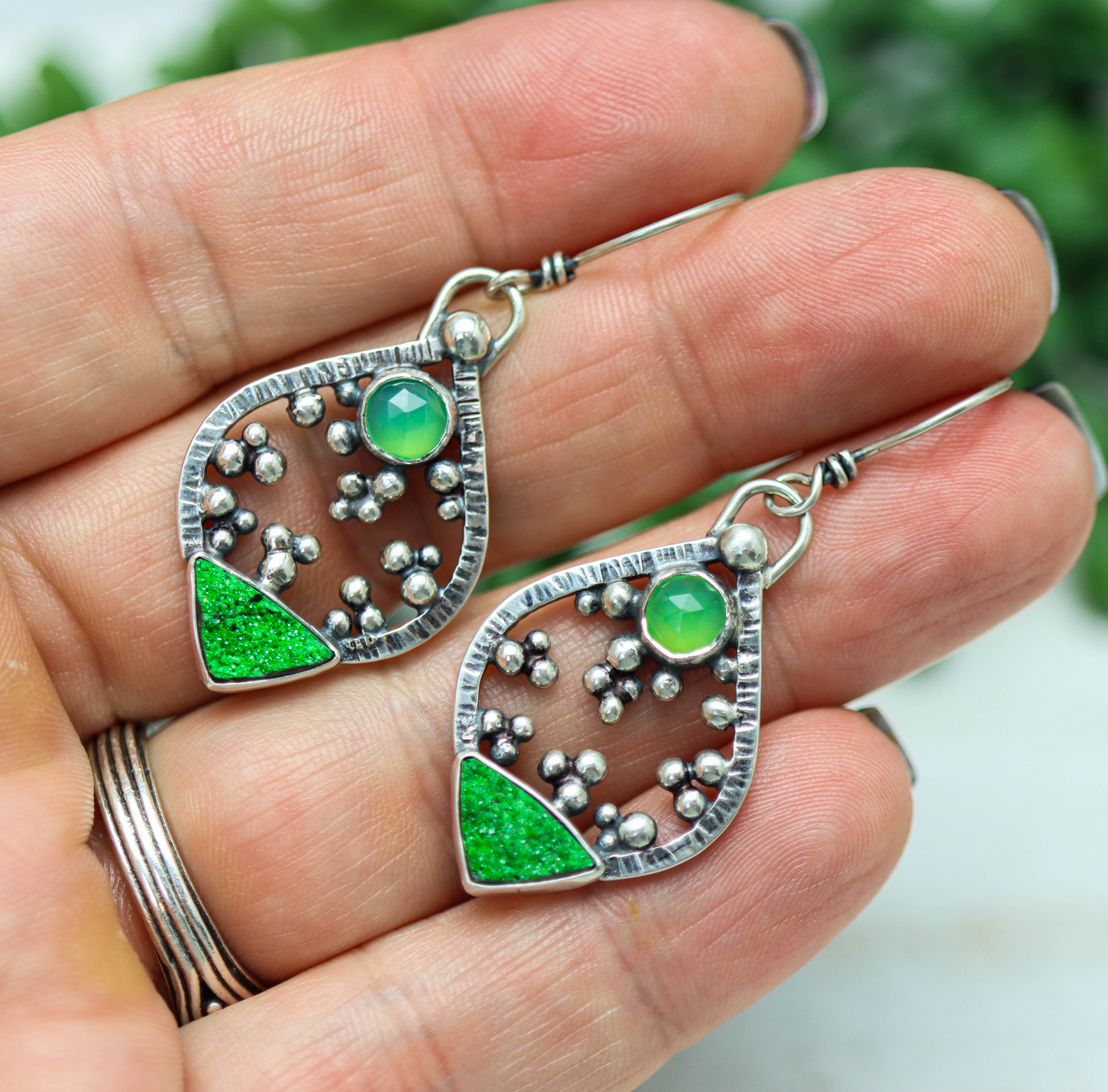 Chrysoprase and Uvarovite Garnet Earrings in Sterling Silver