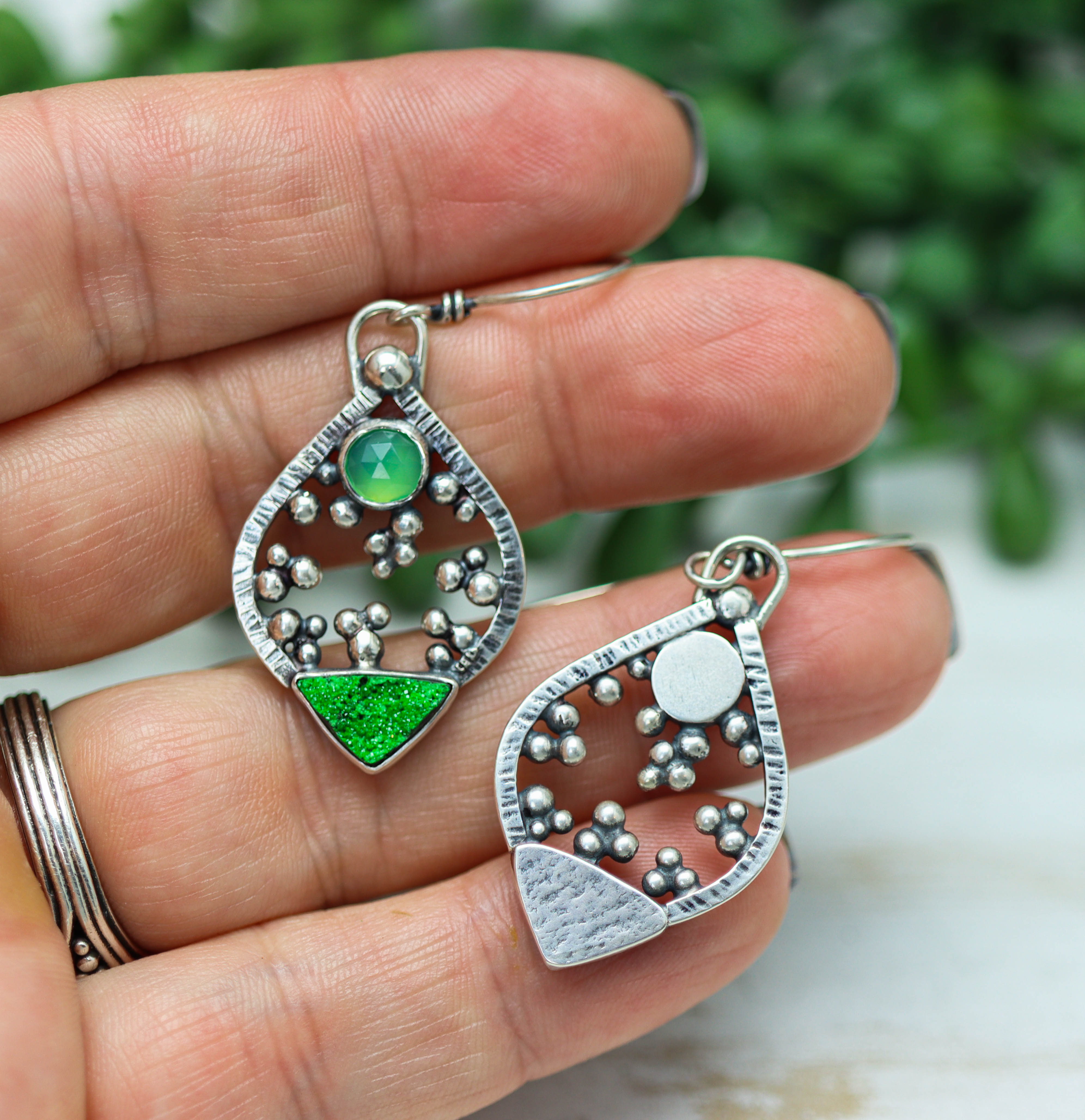 Chrysoprase and Uvarovite Garnet Earrings in Sterling Silver