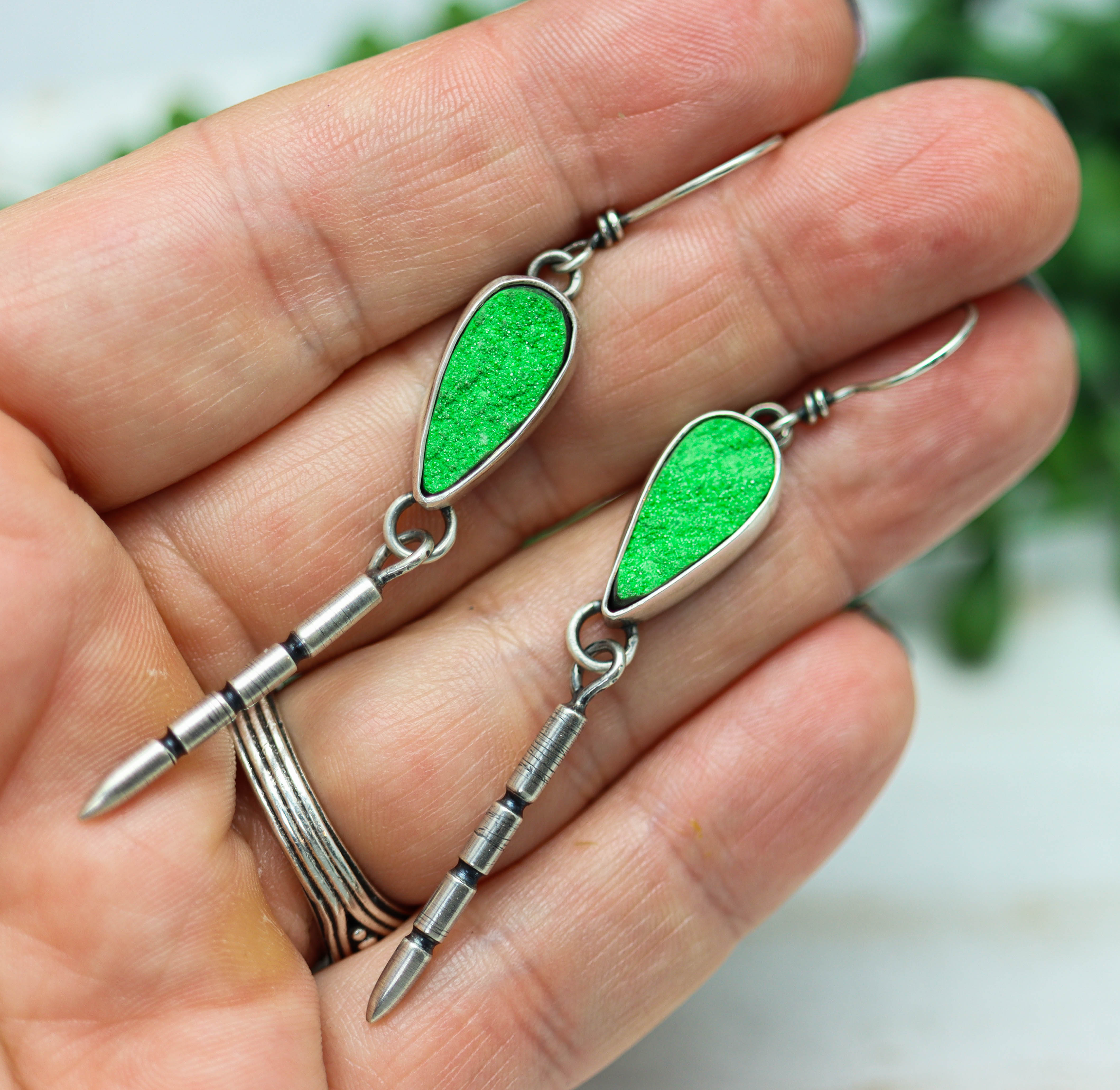 Uvarovite Druzy & Carved Spike Earrings in Sterling Silver