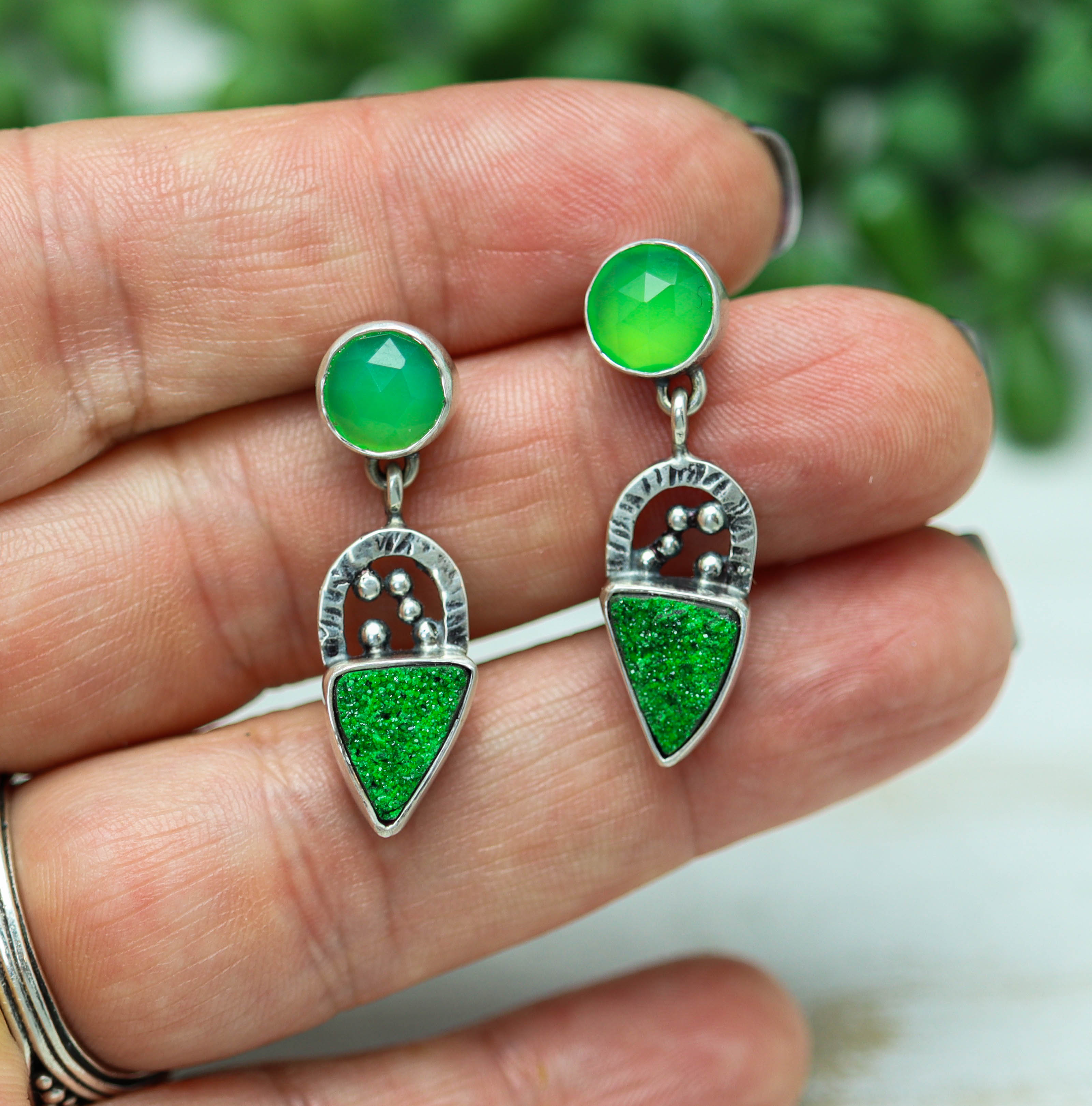 Chrysoprase and Uvarovite Garnet Earrings in Sterling Silver