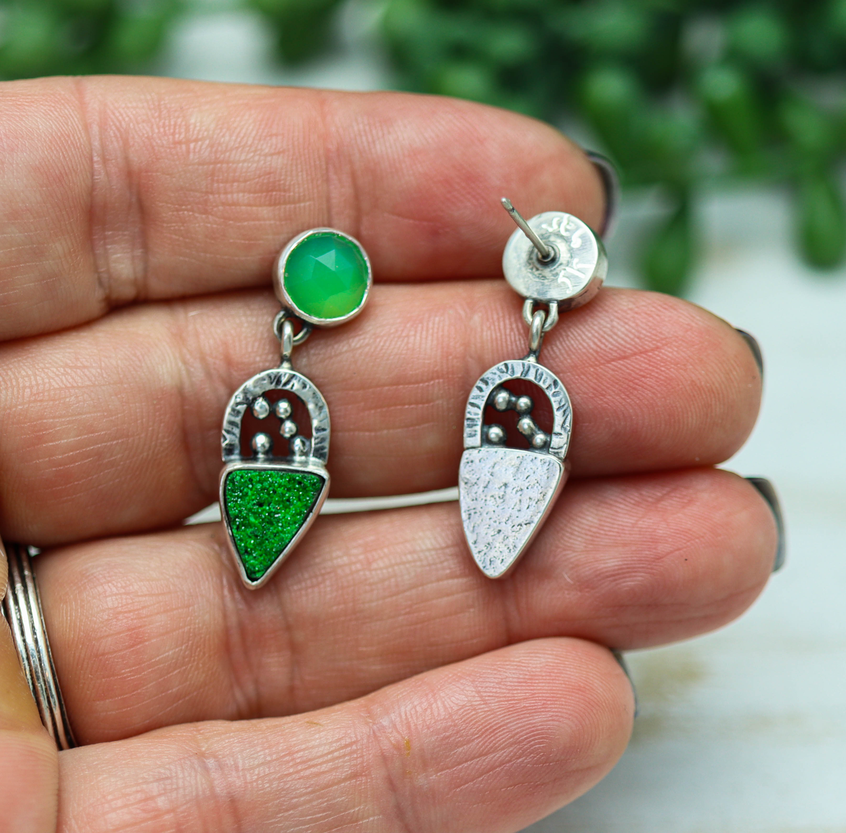 Chrysoprase and Uvarovite Garnet Earrings in Sterling Silver