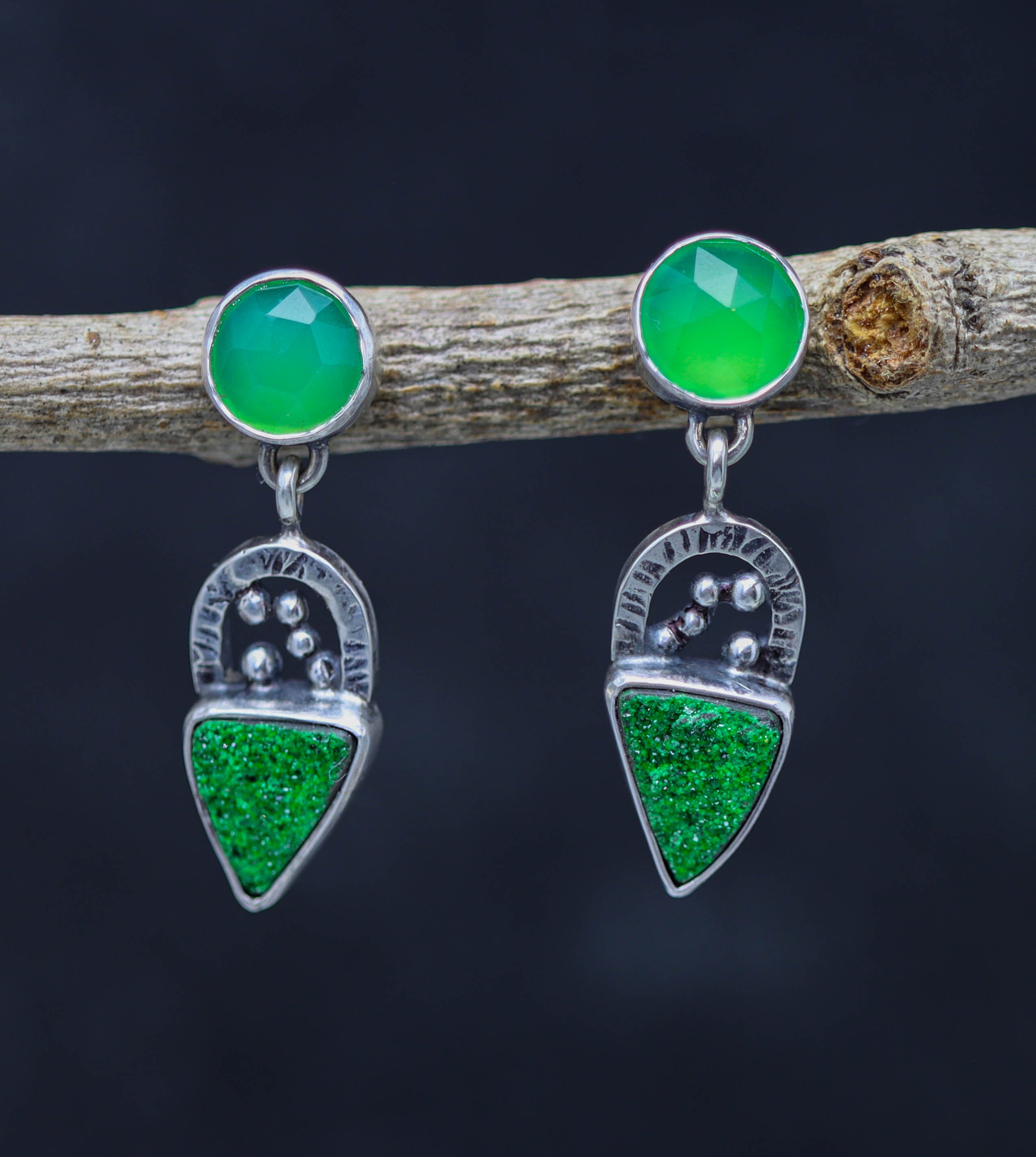 Chrysoprase and Uvarovite Garnet Earrings in Sterling Silver