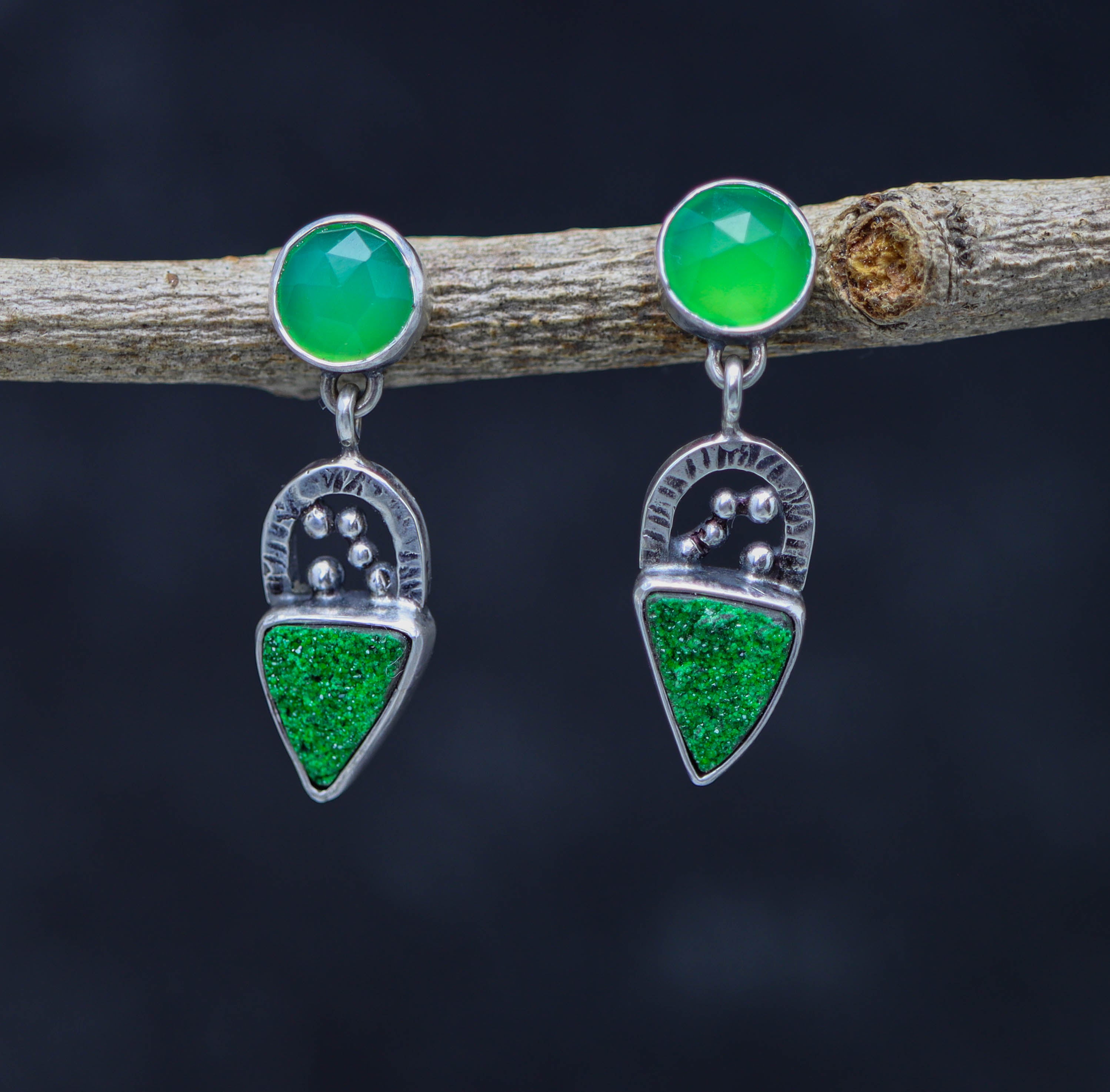 Chrysoprase and Uvarovite Garnet Earrings in Sterling Silver