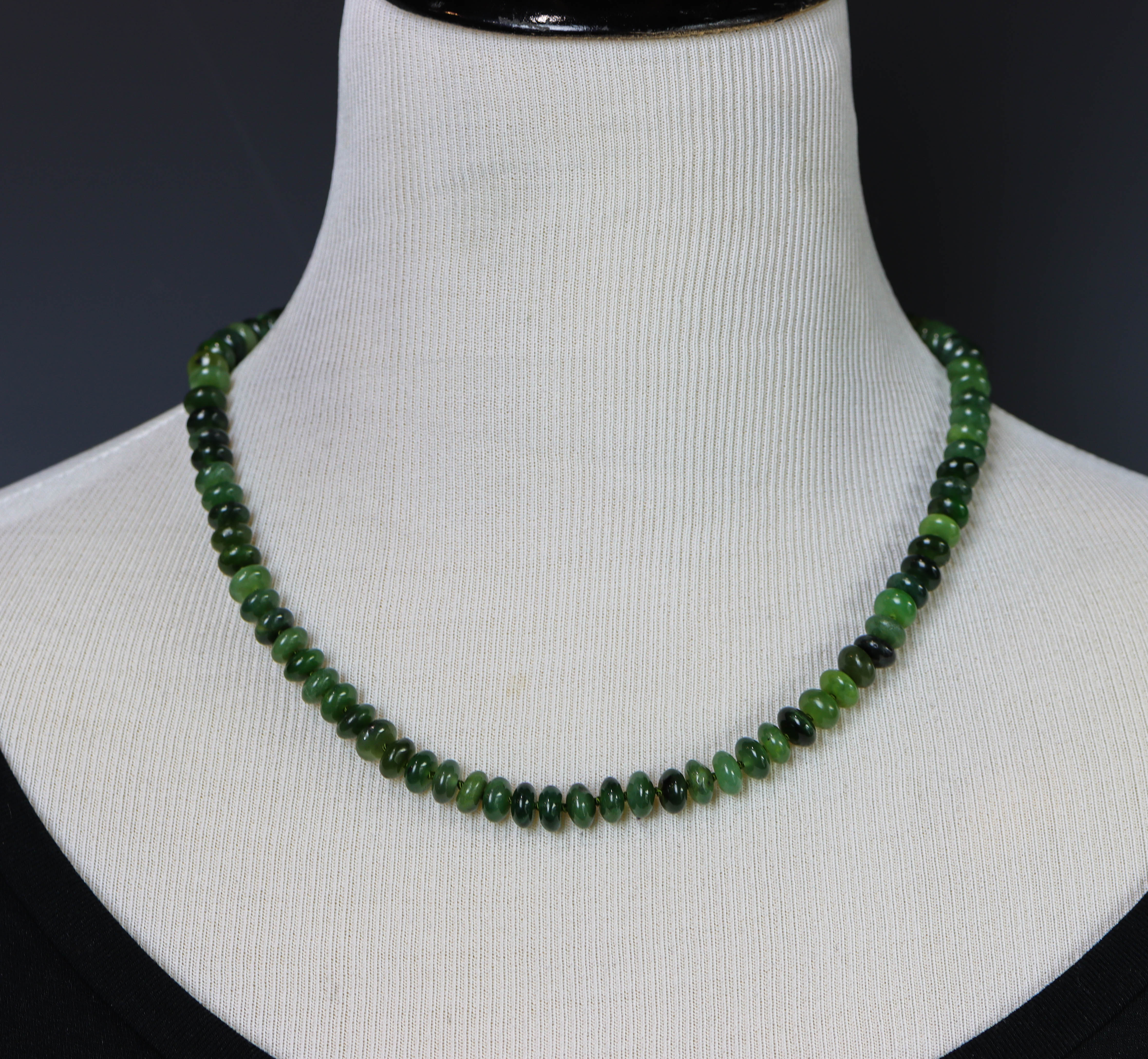 Siberian Green Jade Hand Knotted Bead Necklace Sterling Silver