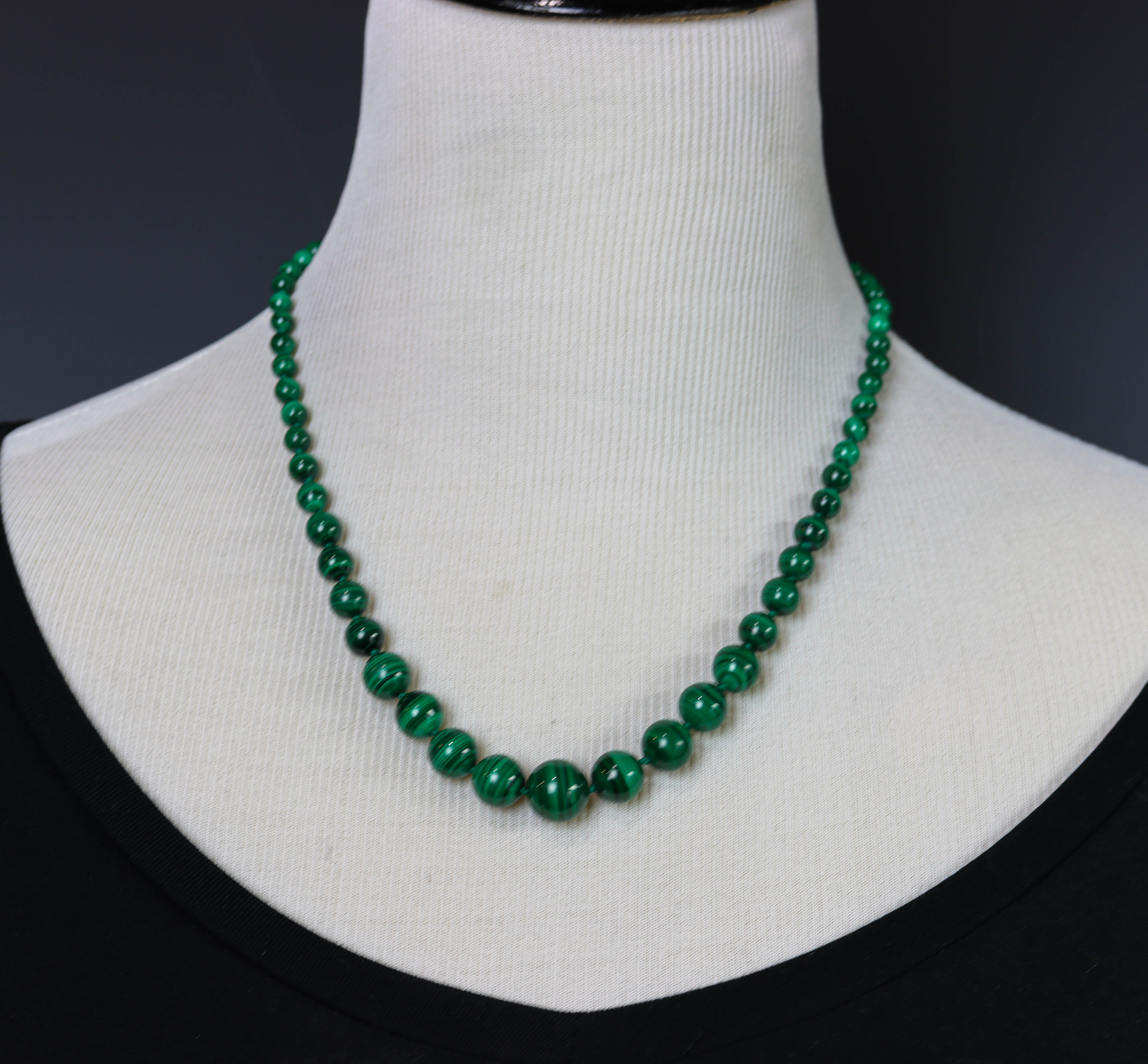Malachite Hand Knotted Bead Necklace Sterling Silver