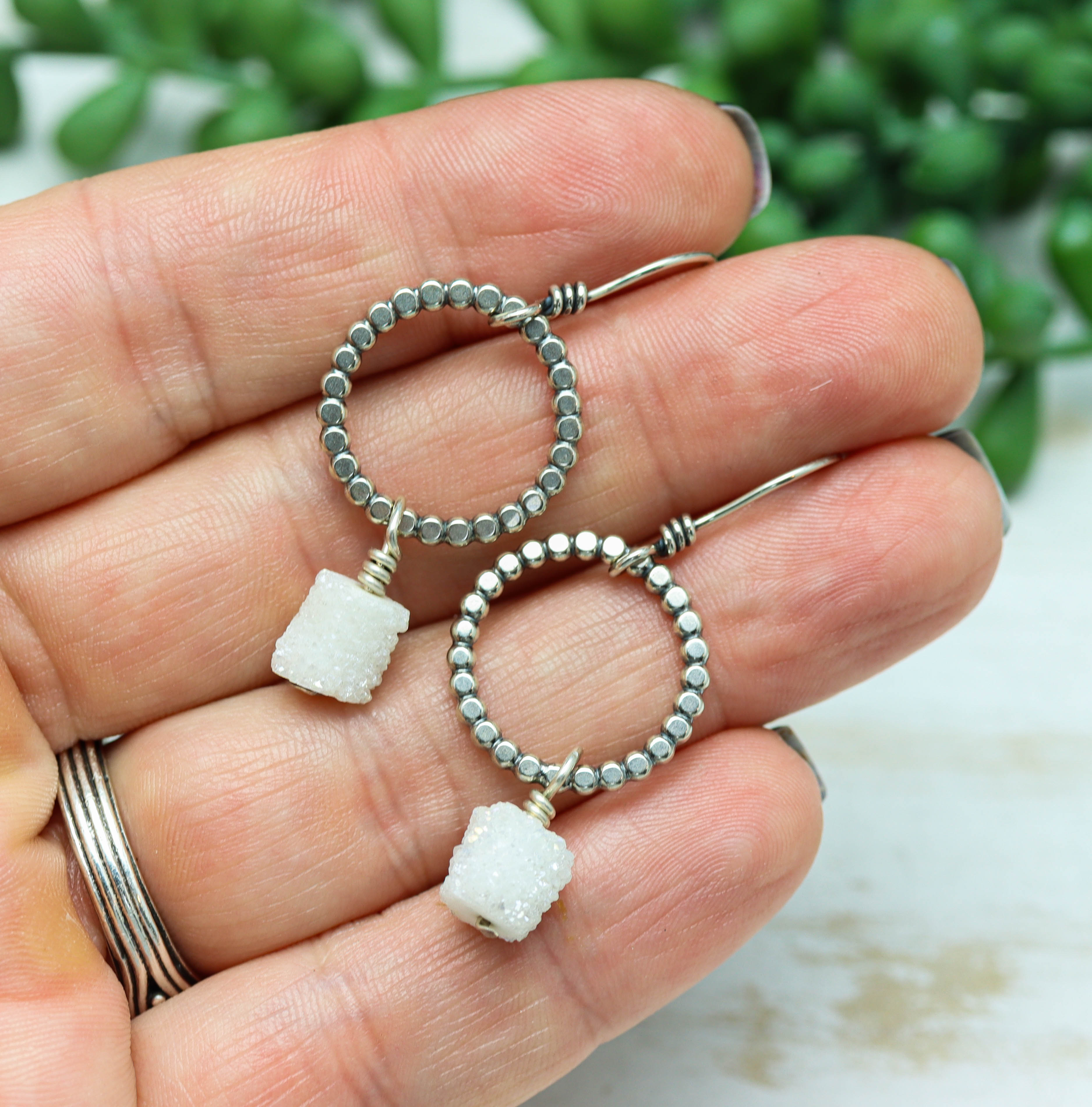 White Druzy Stalactite Slice Earrings Sterling Silver
