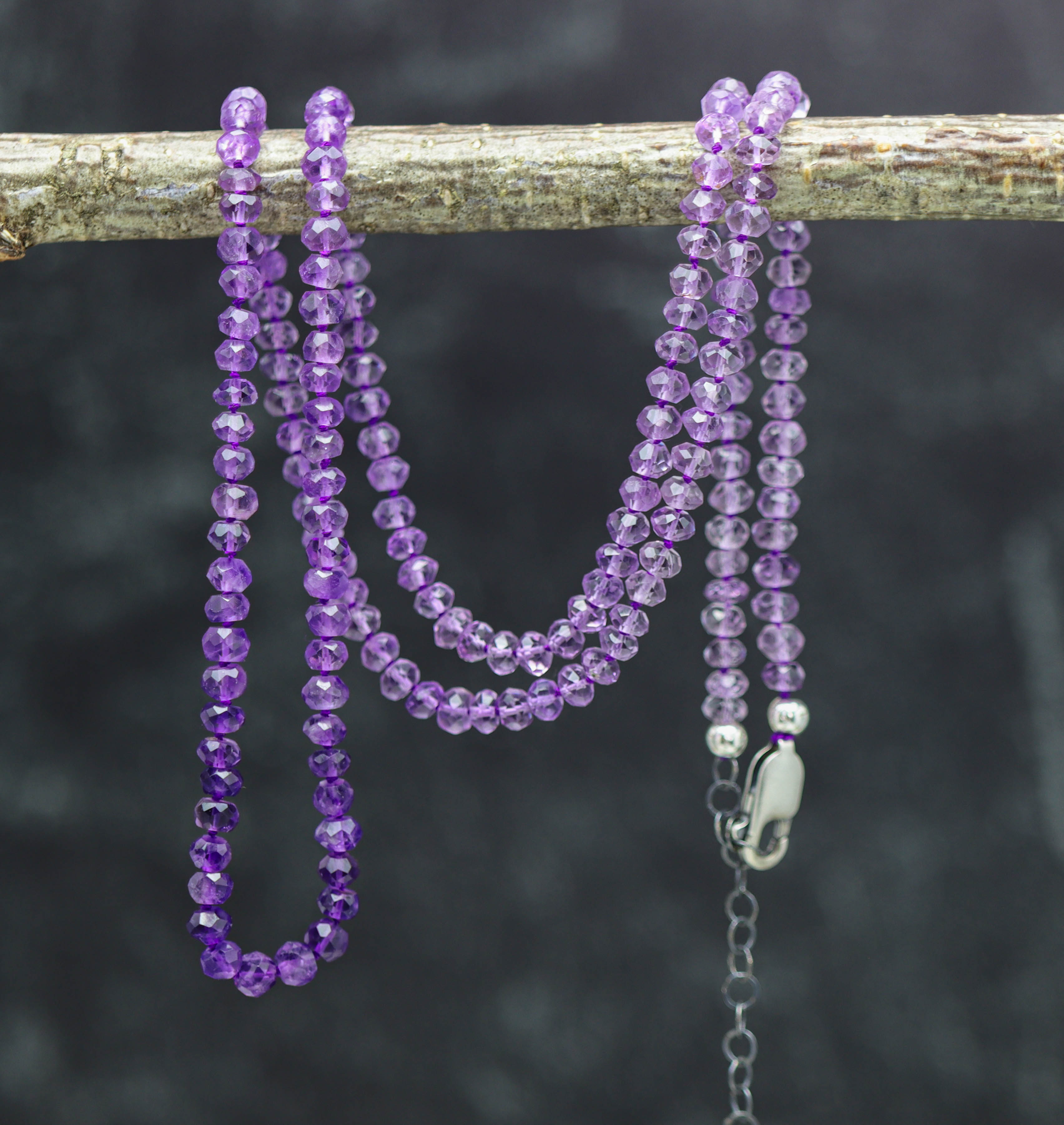 Ombre Amethyst Hand Knotted Bead Necklace Sterling Silver