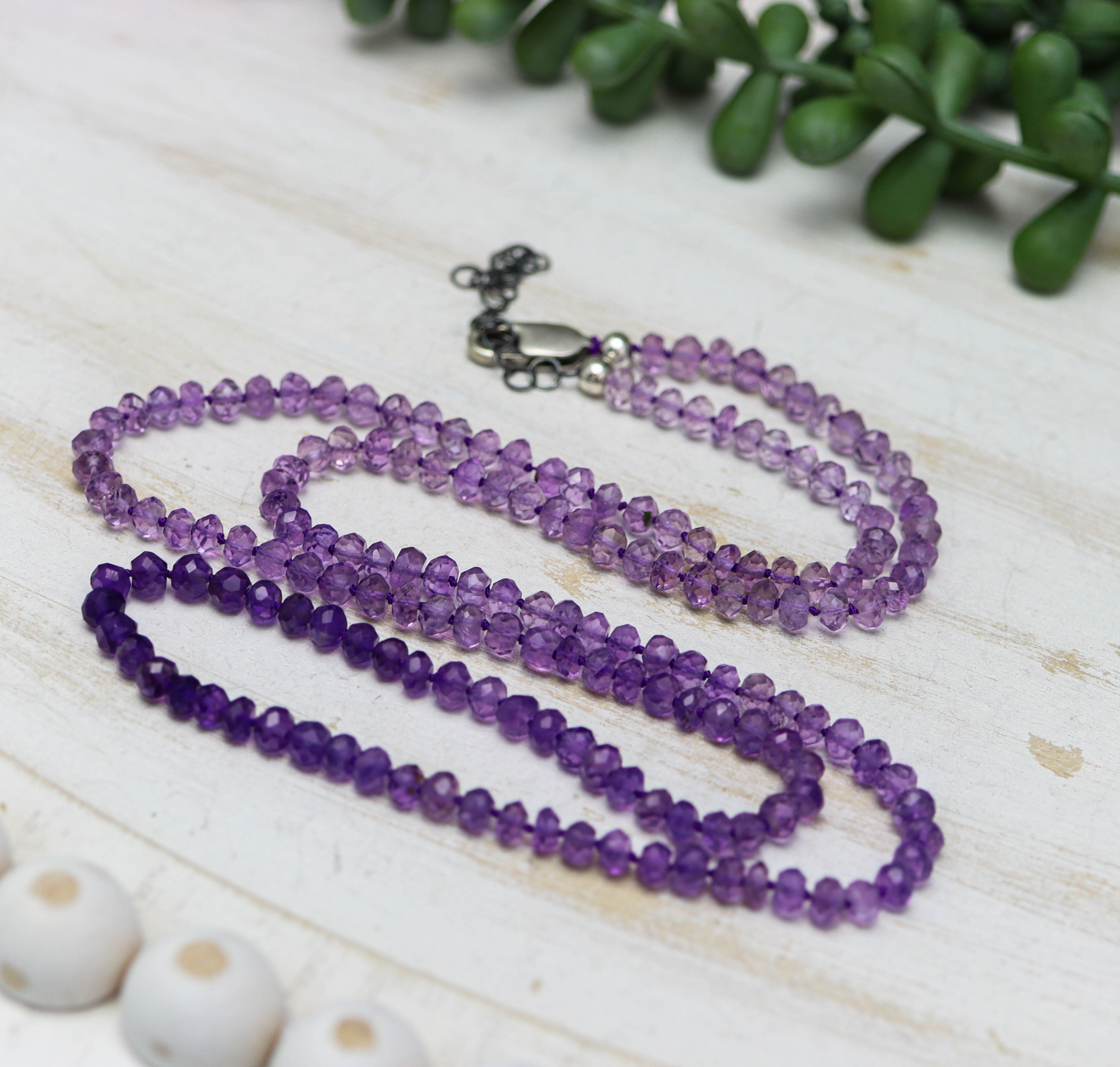 Ombre Amethyst Hand Knotted Bead Necklace Sterling Silver