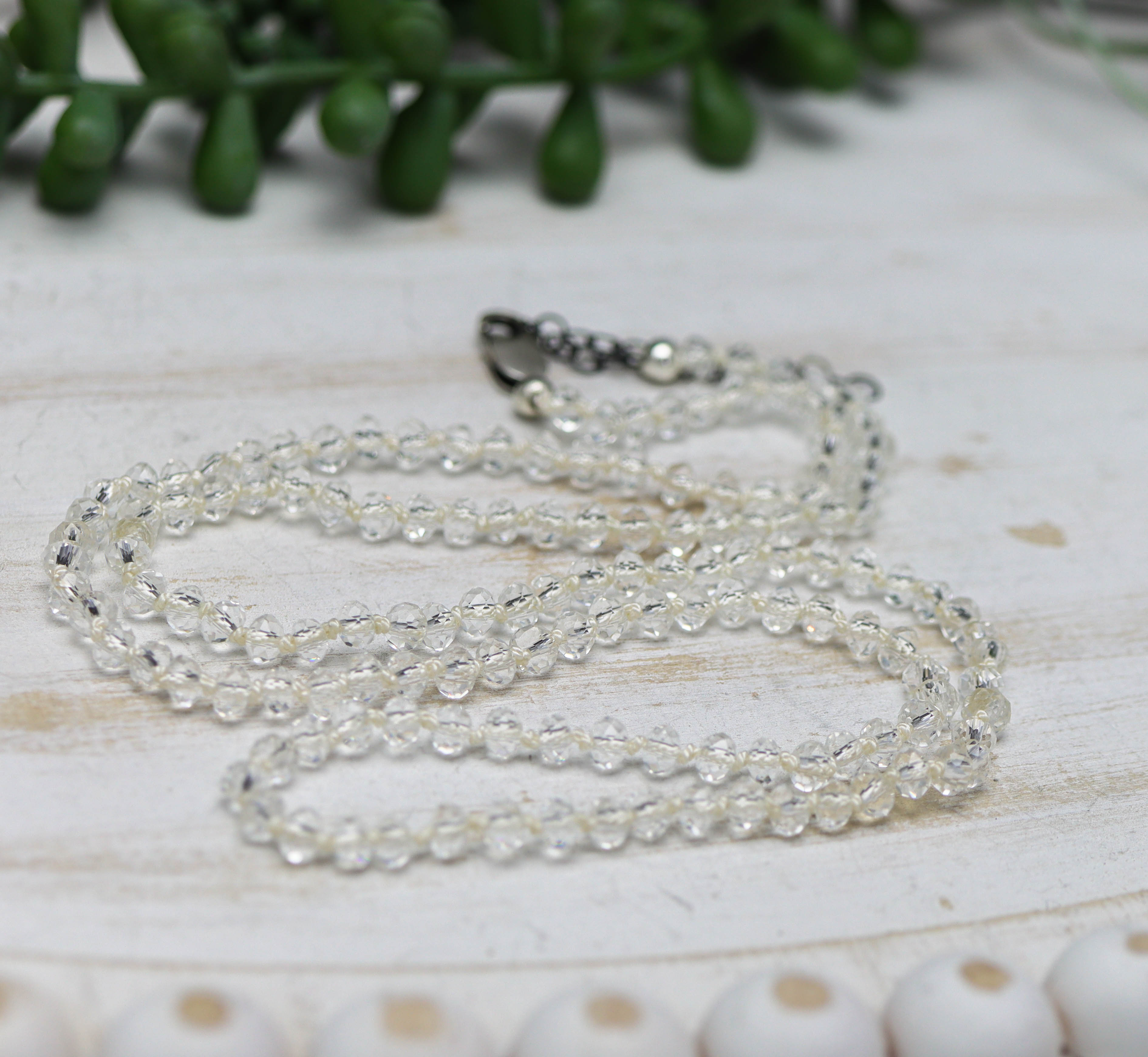 Crystal Quartz Hand Knotted Bead Necklace Sterling Silver