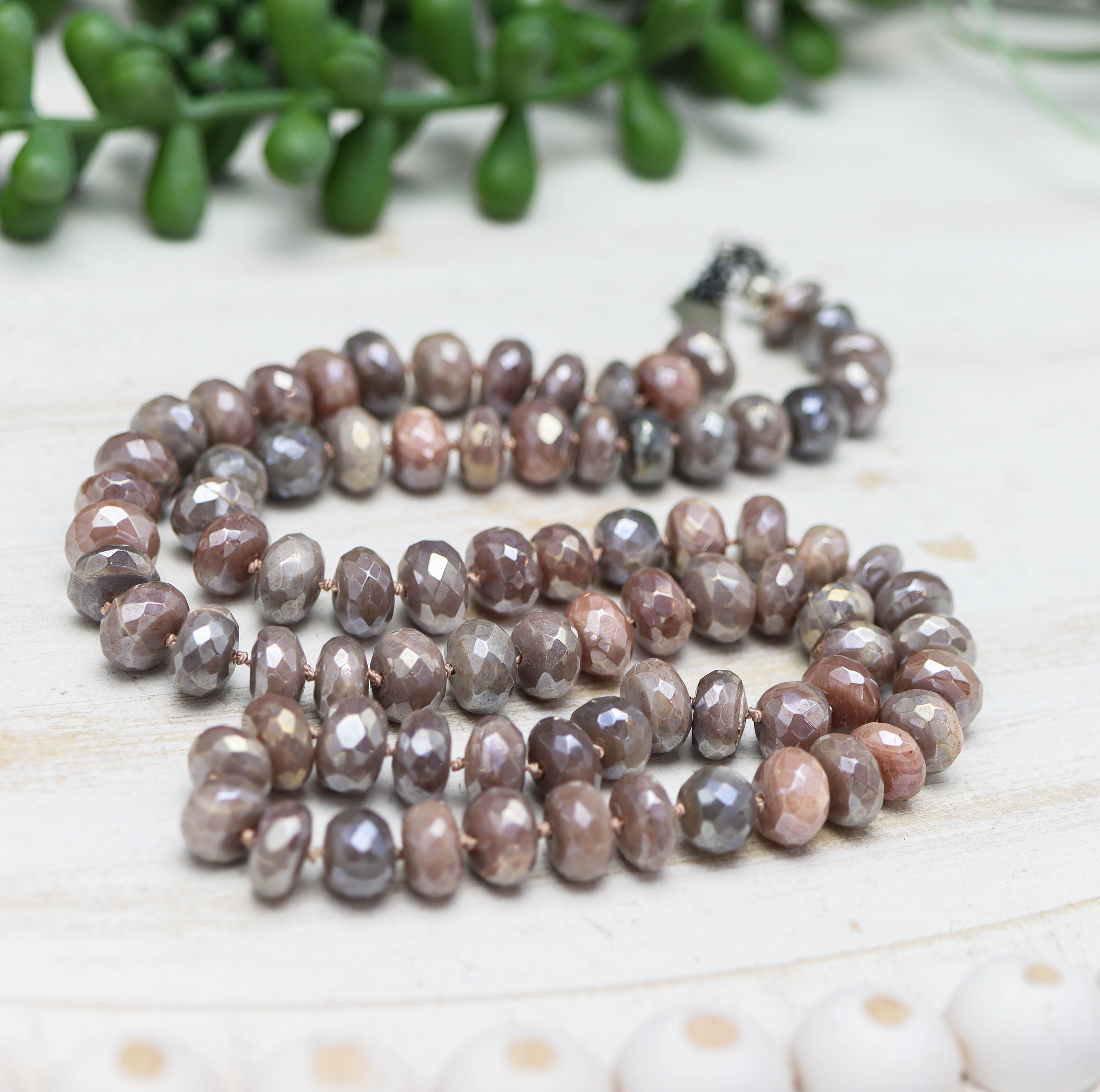 Peachy Pink Moonstone Hand Knotted Bead Necklace Sterling Silver