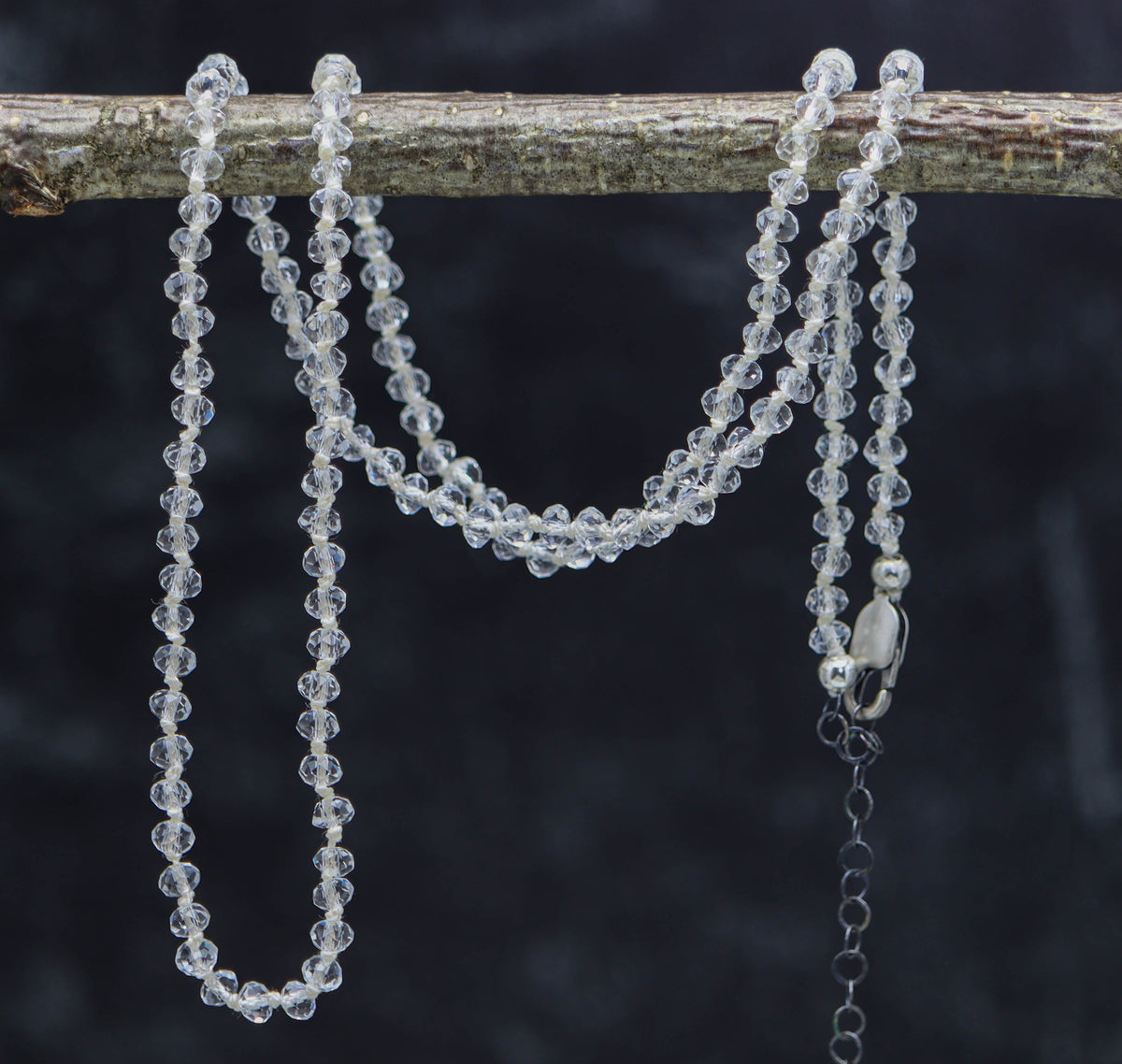 Crystal Quartz Hand Knotted Bead Necklace Sterling Silver