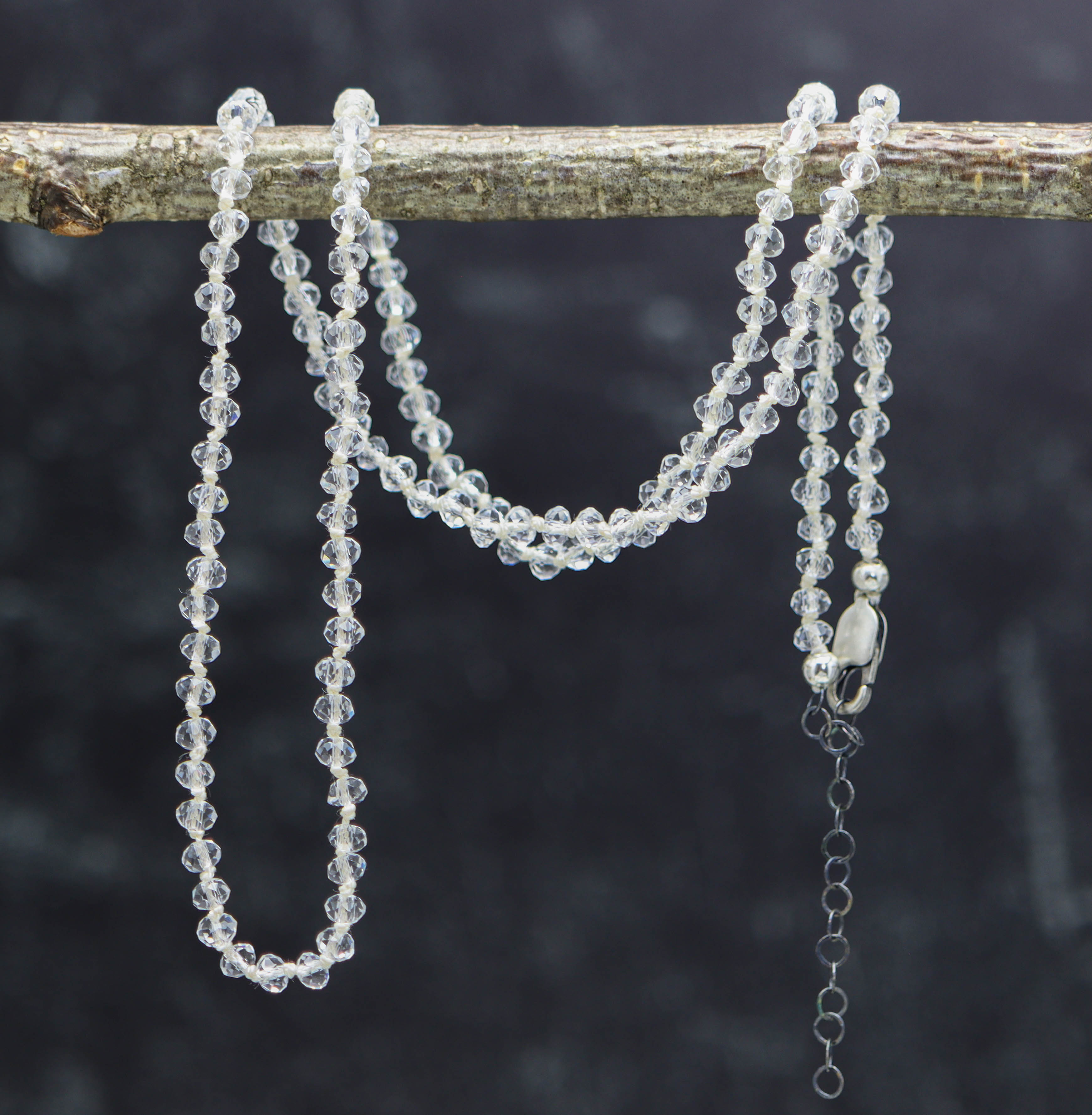 Crystal Quartz Hand Knotted Bead Necklace Sterling Silver