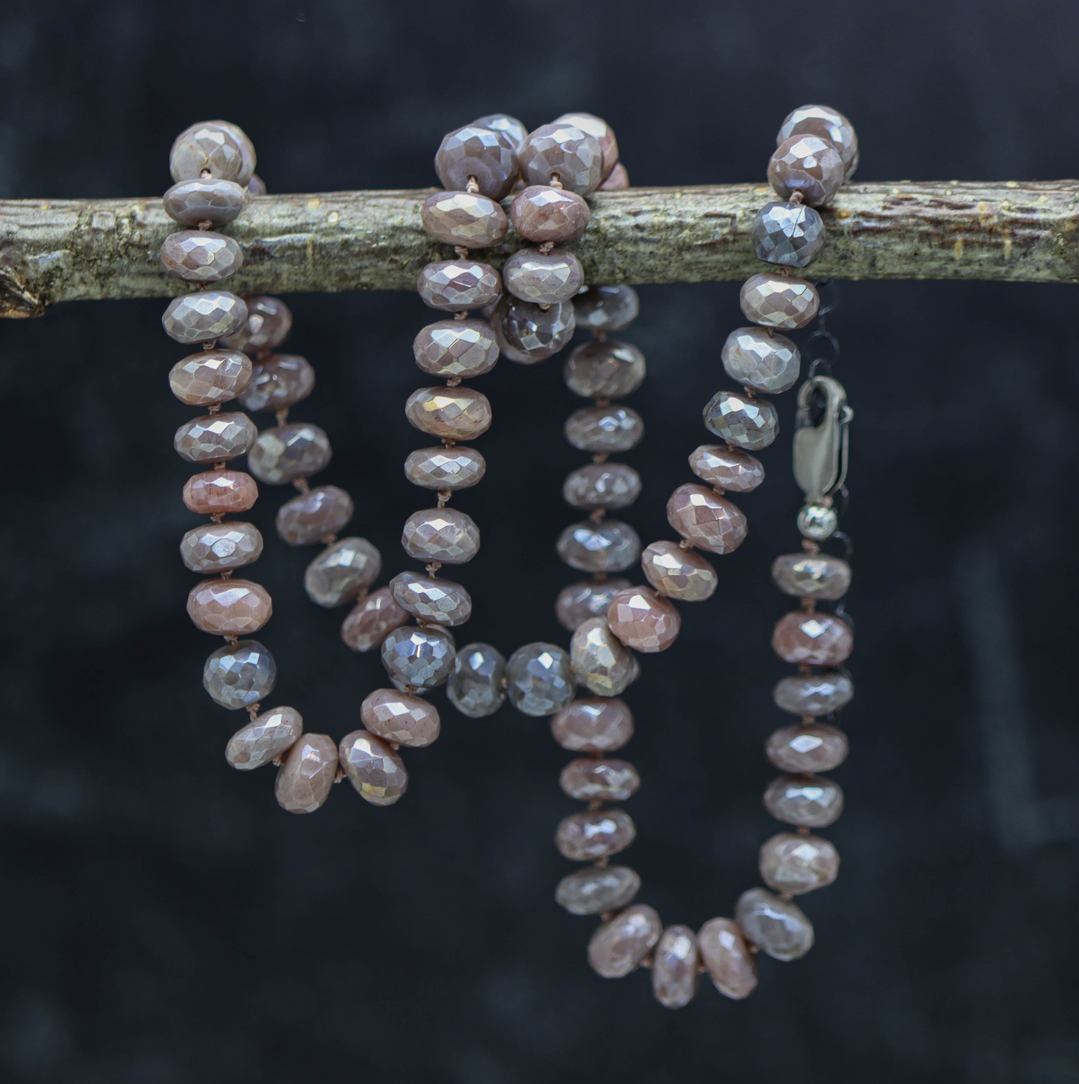 Peachy Pink Moonstone Hand Knotted Bead Necklace Sterling Silver