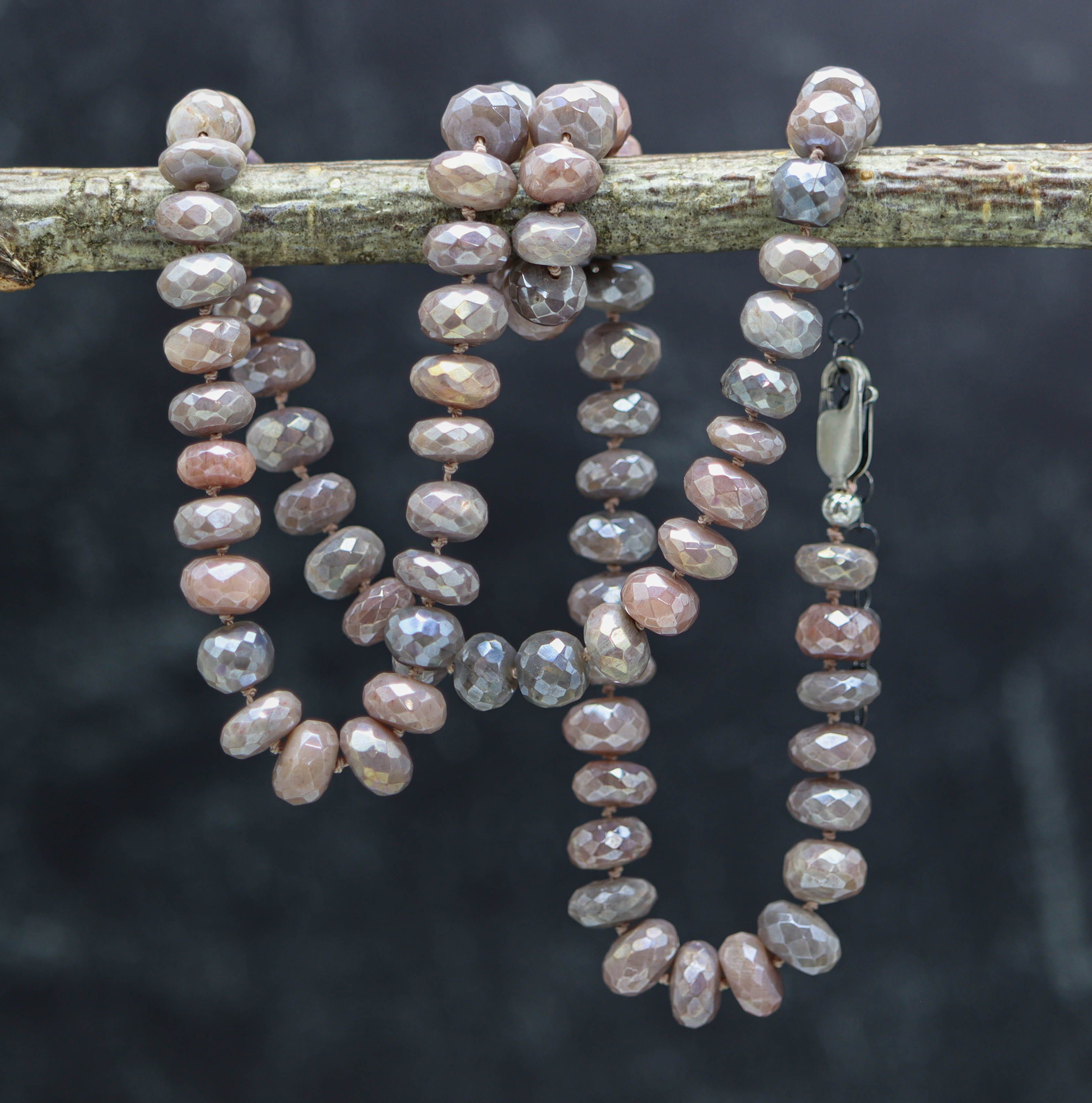 Peachy Pink Moonstone Hand Knotted Bead Necklace Sterling Silver