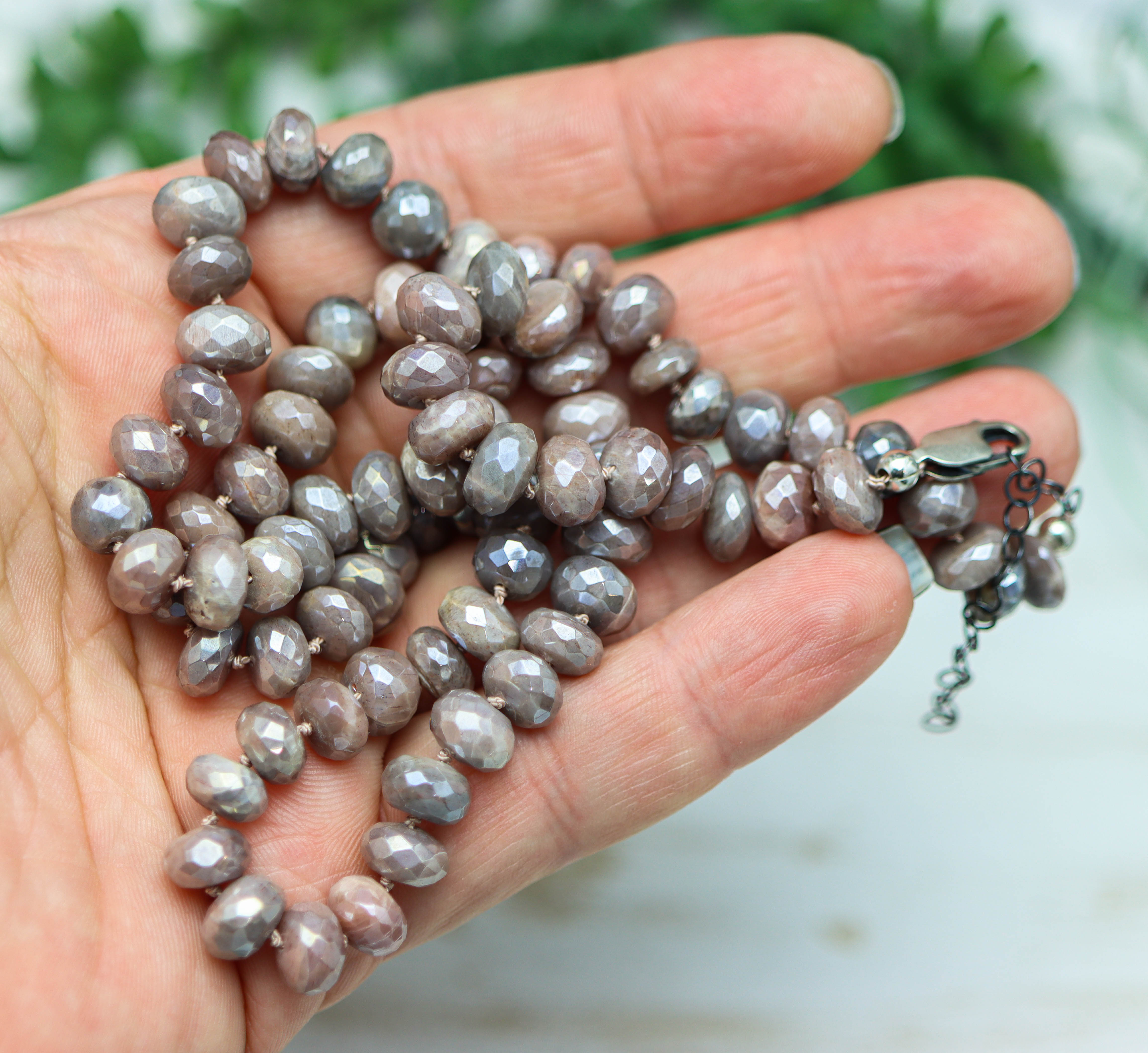 Peachy Pink Moonstone Hand Knotted Bead Necklace Sterling Silver