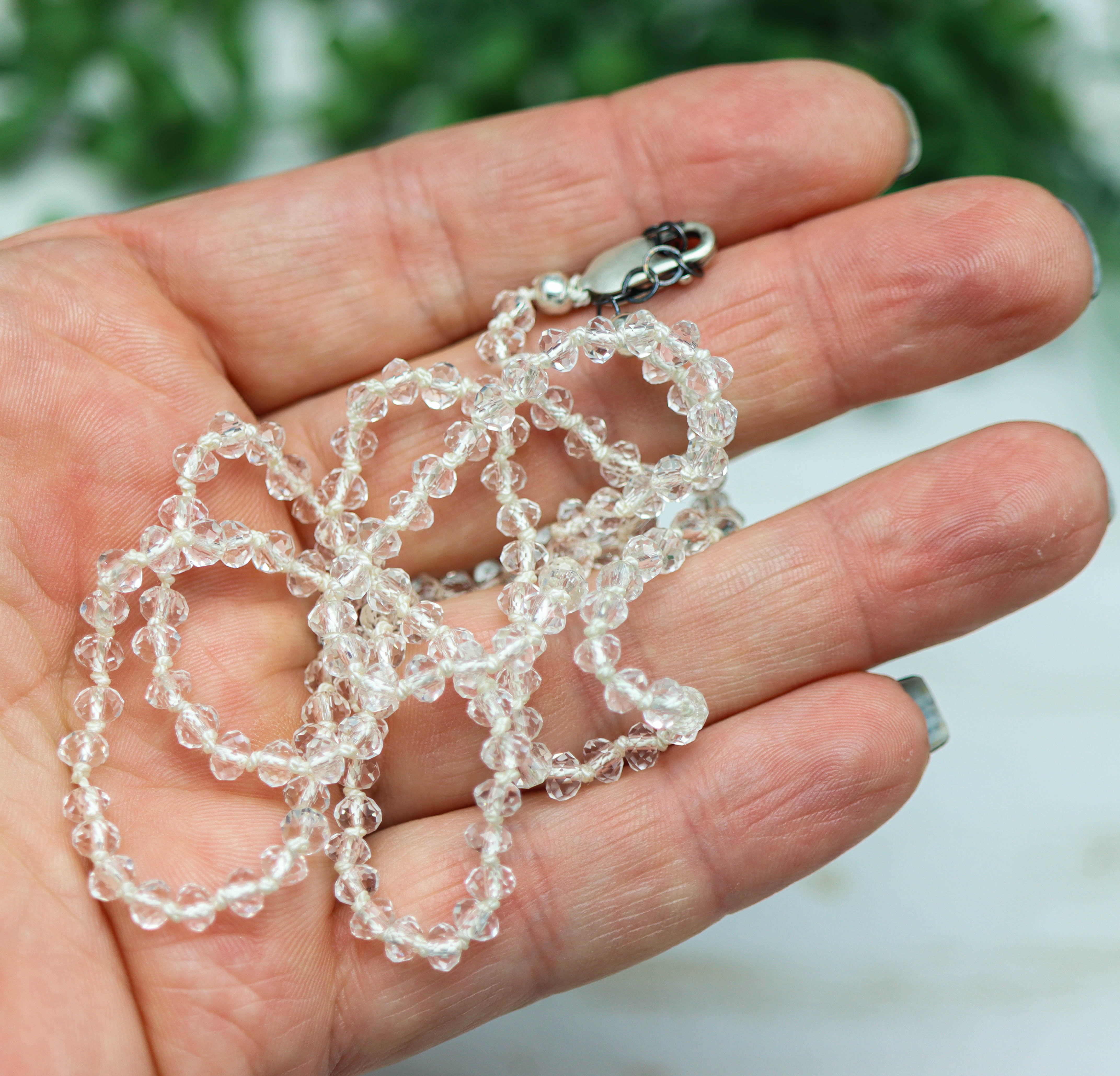 Crystal Quartz Hand Knotted Bead Necklace Sterling Silver