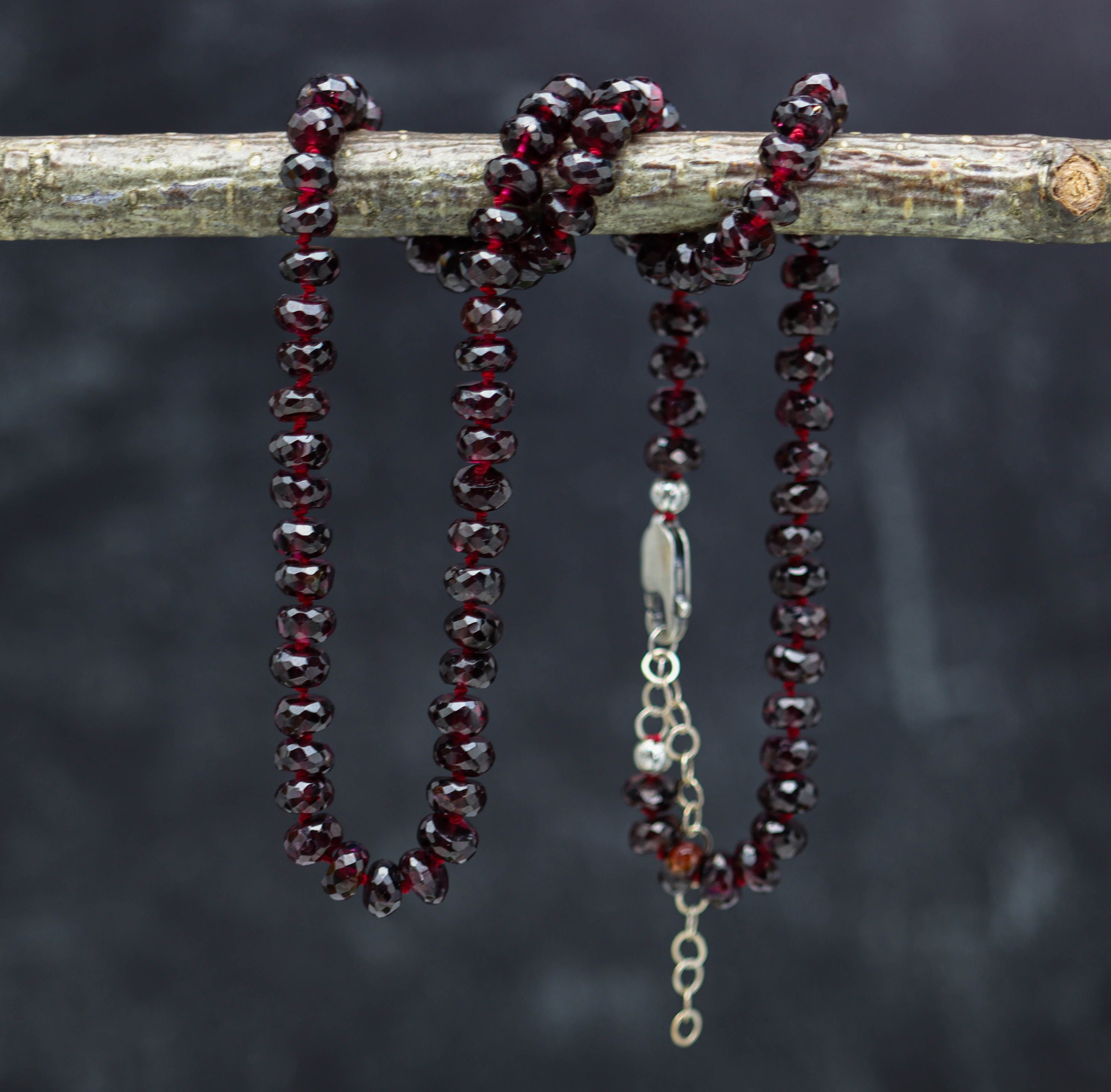 Red Garnet Hand Knotted Bead Necklace Sterling Silver 18 inch