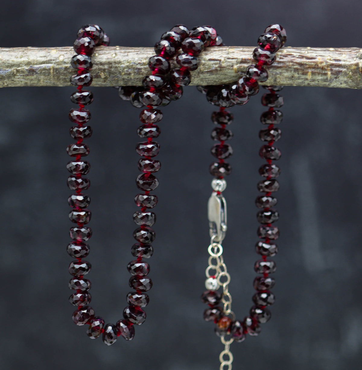 Red Garnet Hand Knotted Bead Necklace Sterling Silver 18 inch