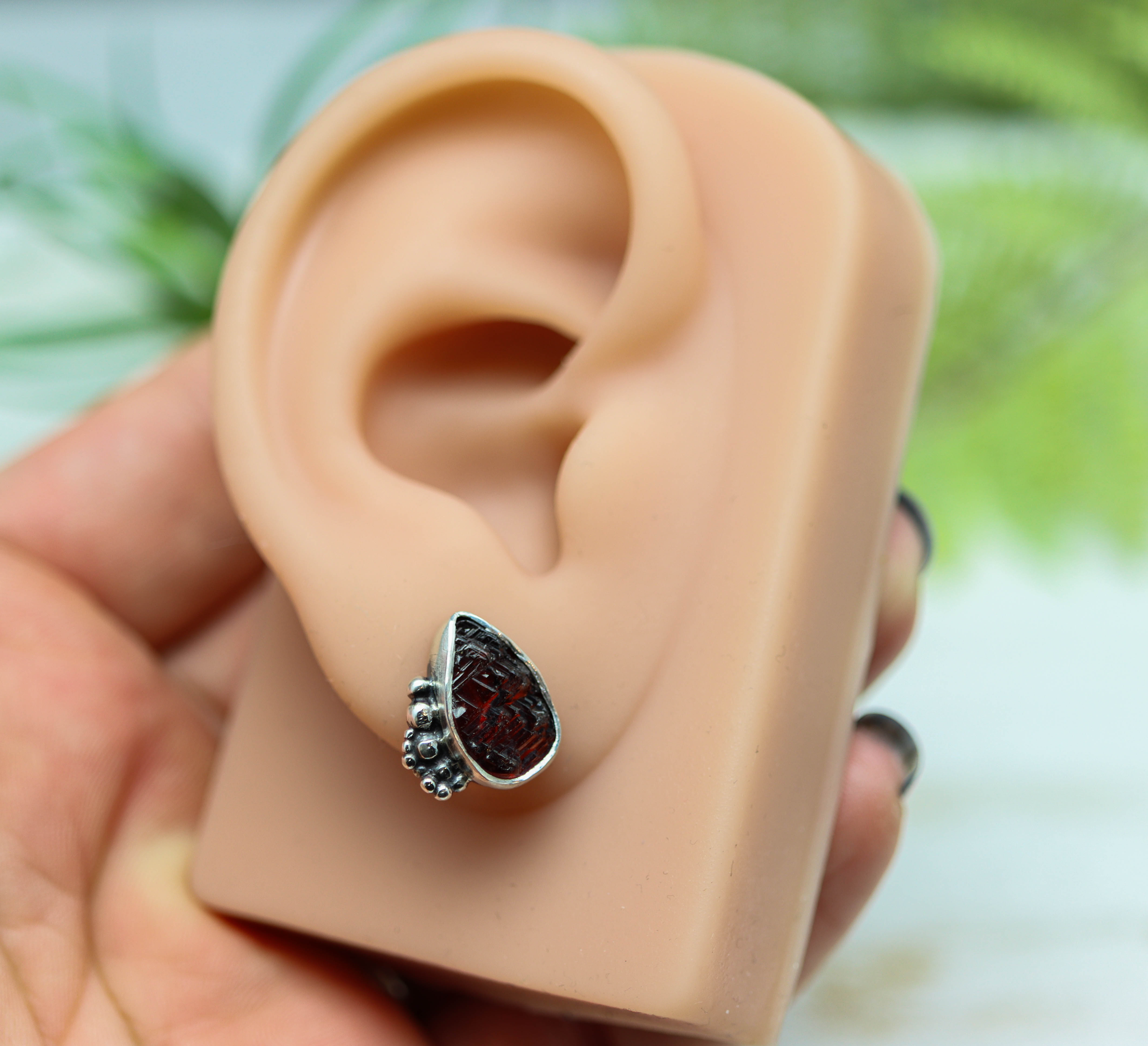 Natural Surface Garnet Sterling Silver Embellished Stud Earrings