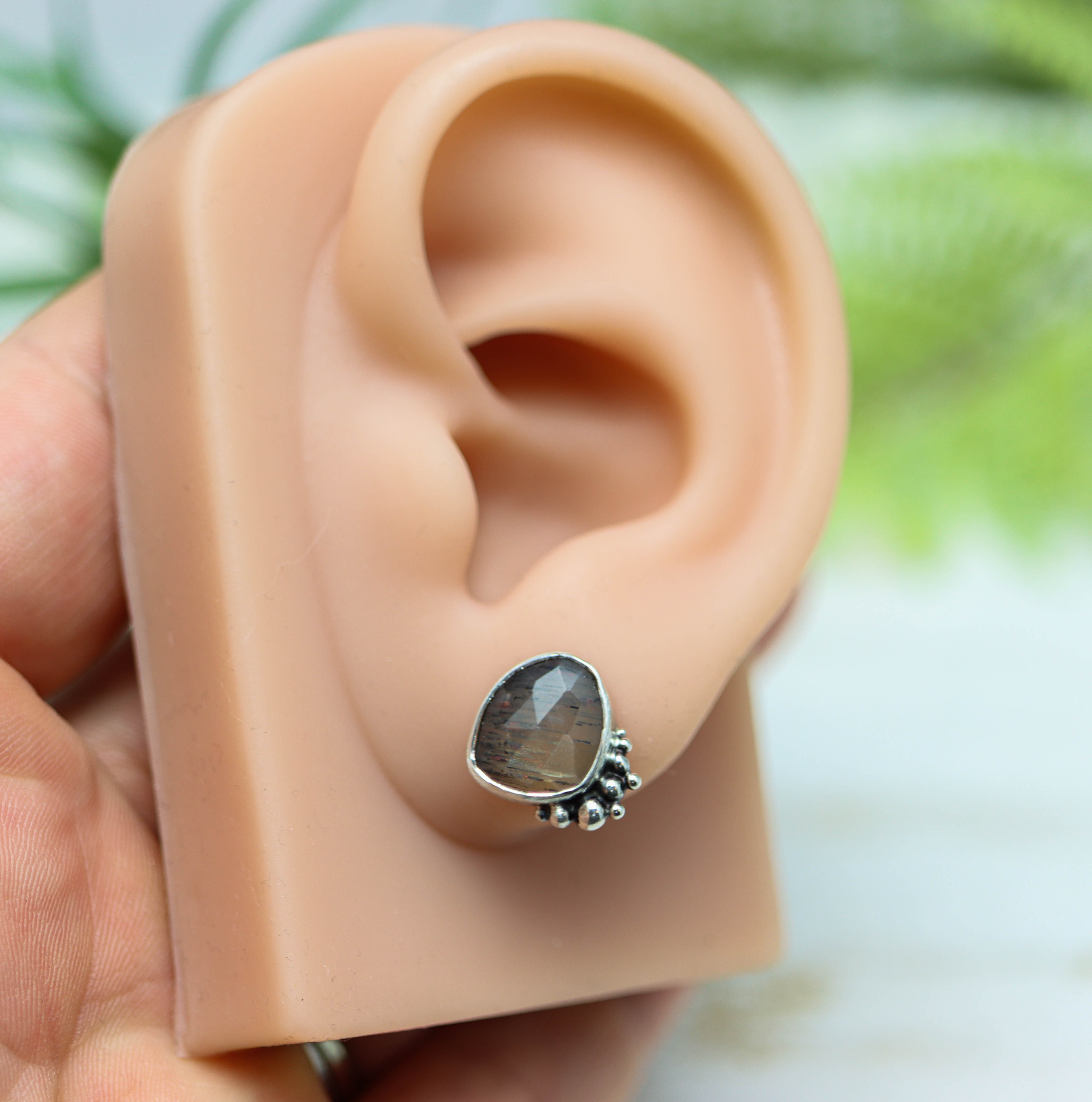 African Fire Sunstone Sterling Silver Embellished Stud Earrings