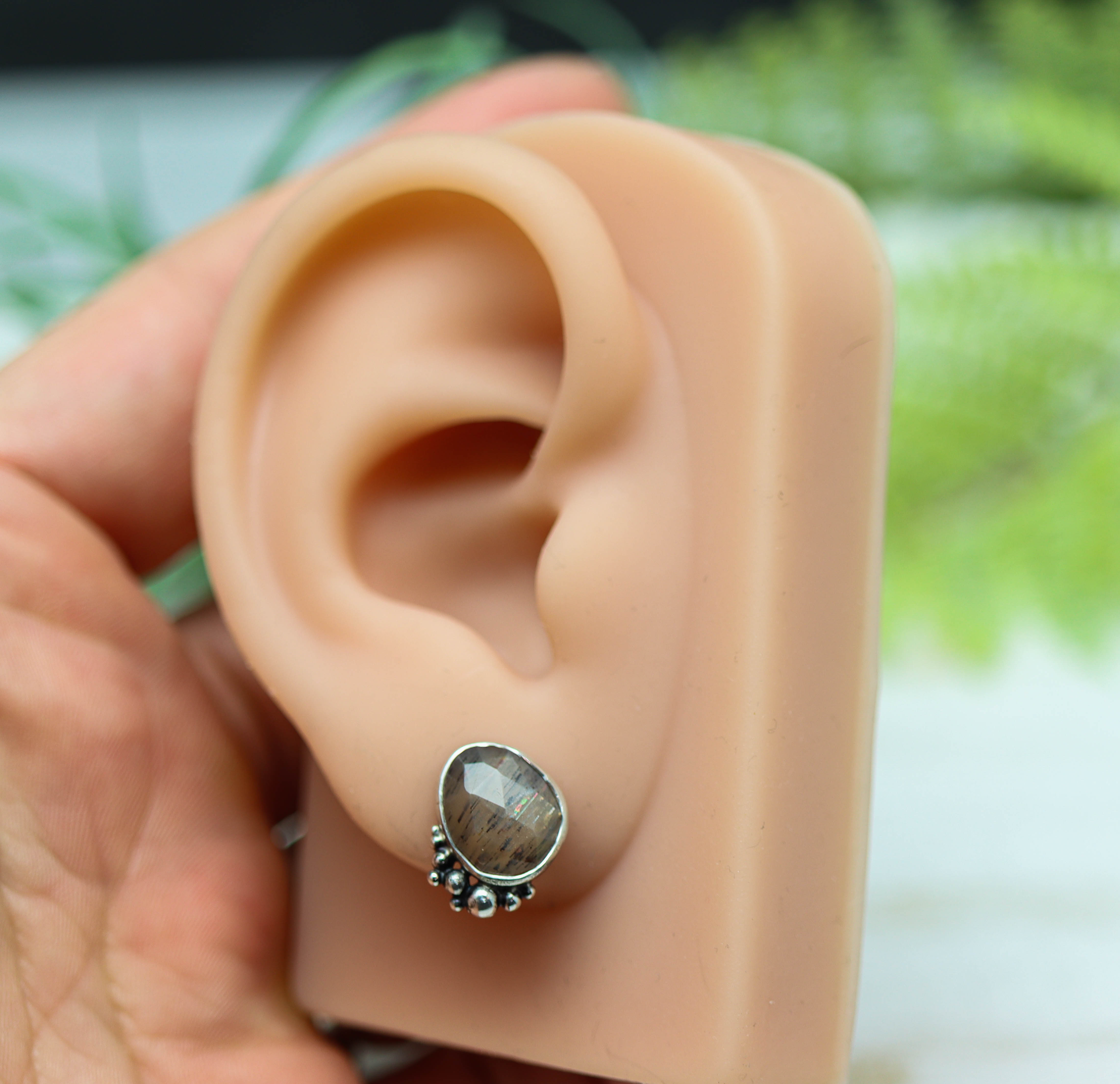 African Fire Sunstone Sterling Silver Embellished Stud Earrings