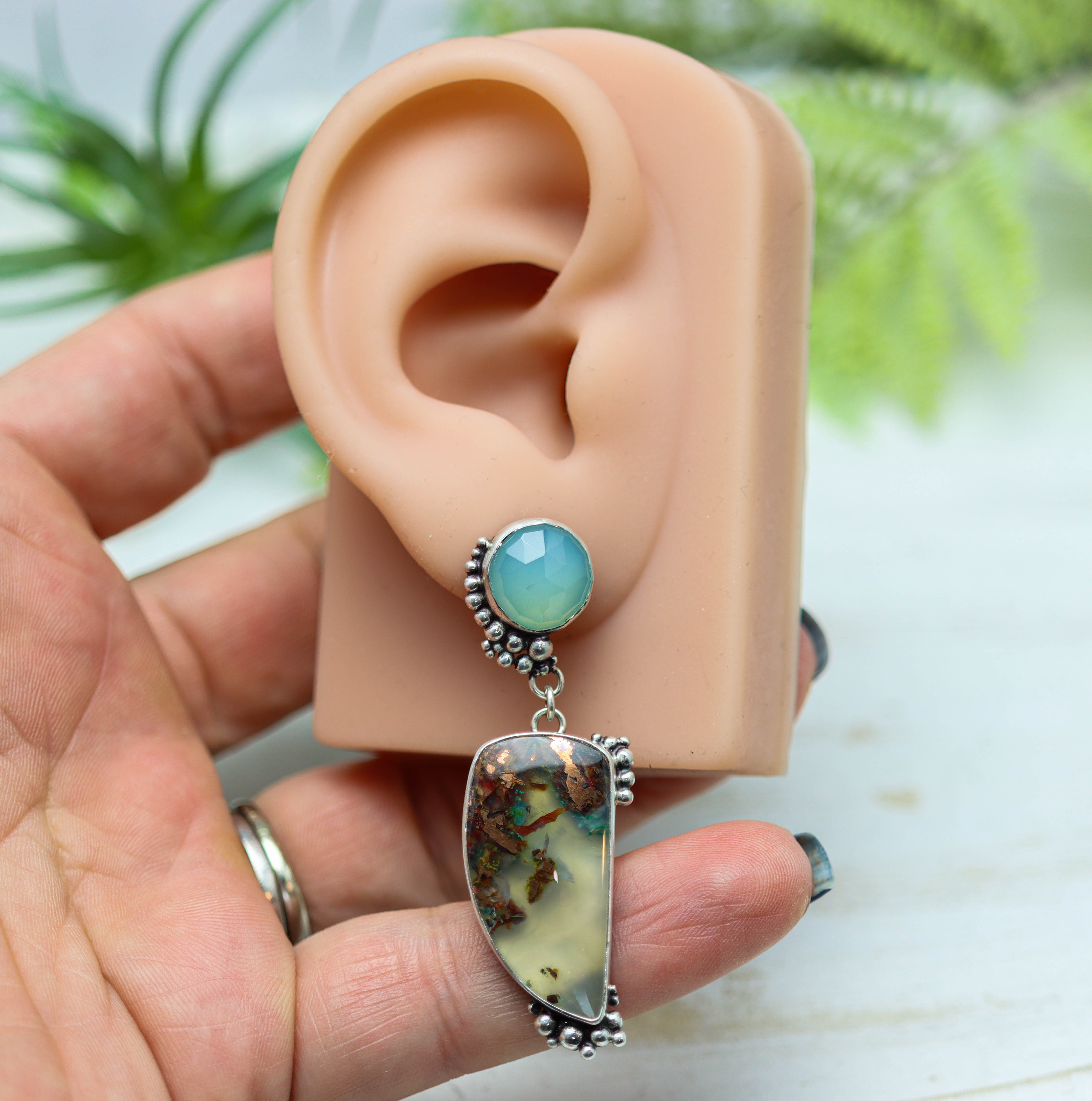 Aqua Chalcedony and Confetti Agate Sterling Silver Embellished Dangle Earrings