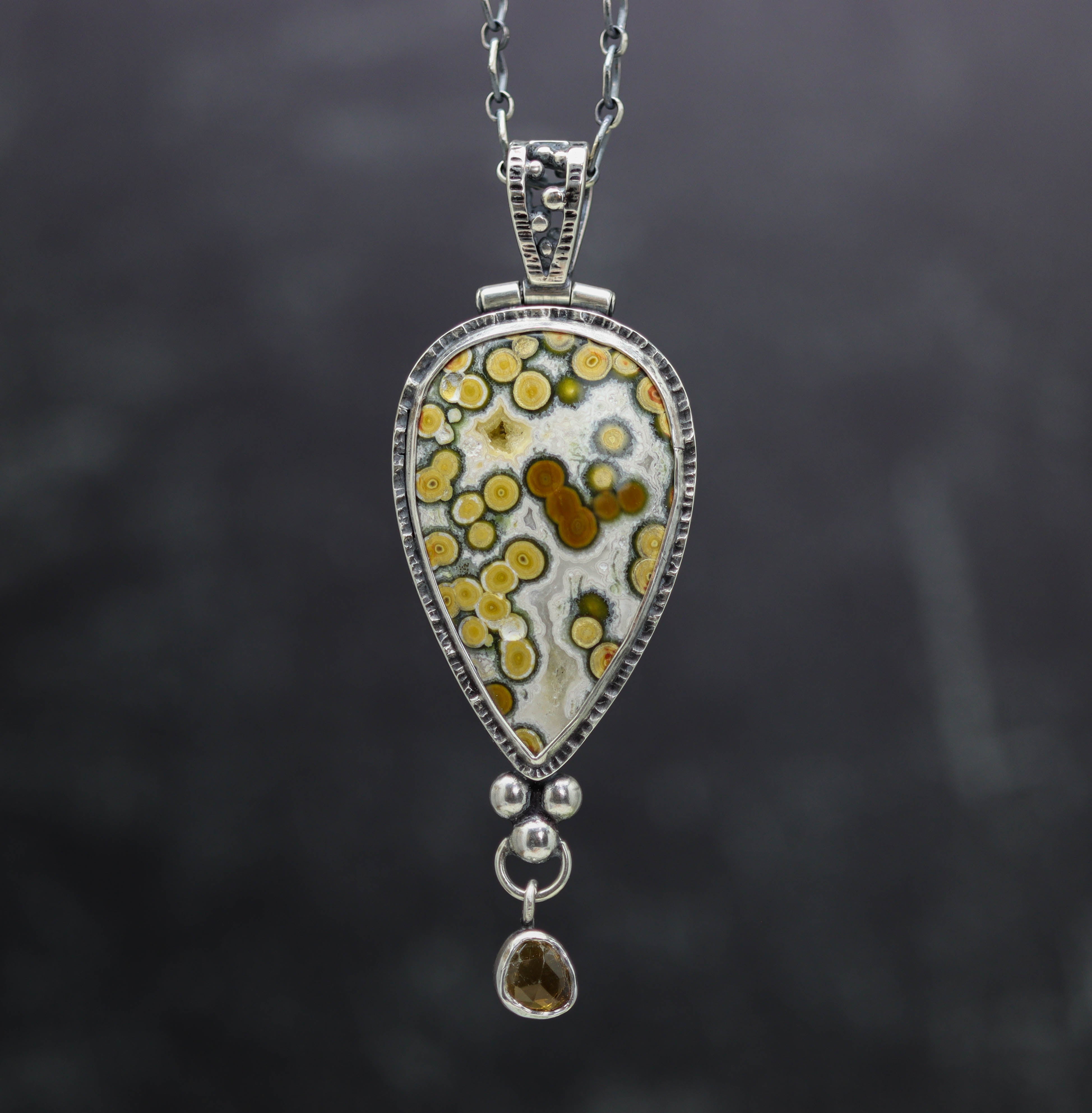 Orbicular Jasper and Mandarin Citrine Pendant Necklace Sterling Silver