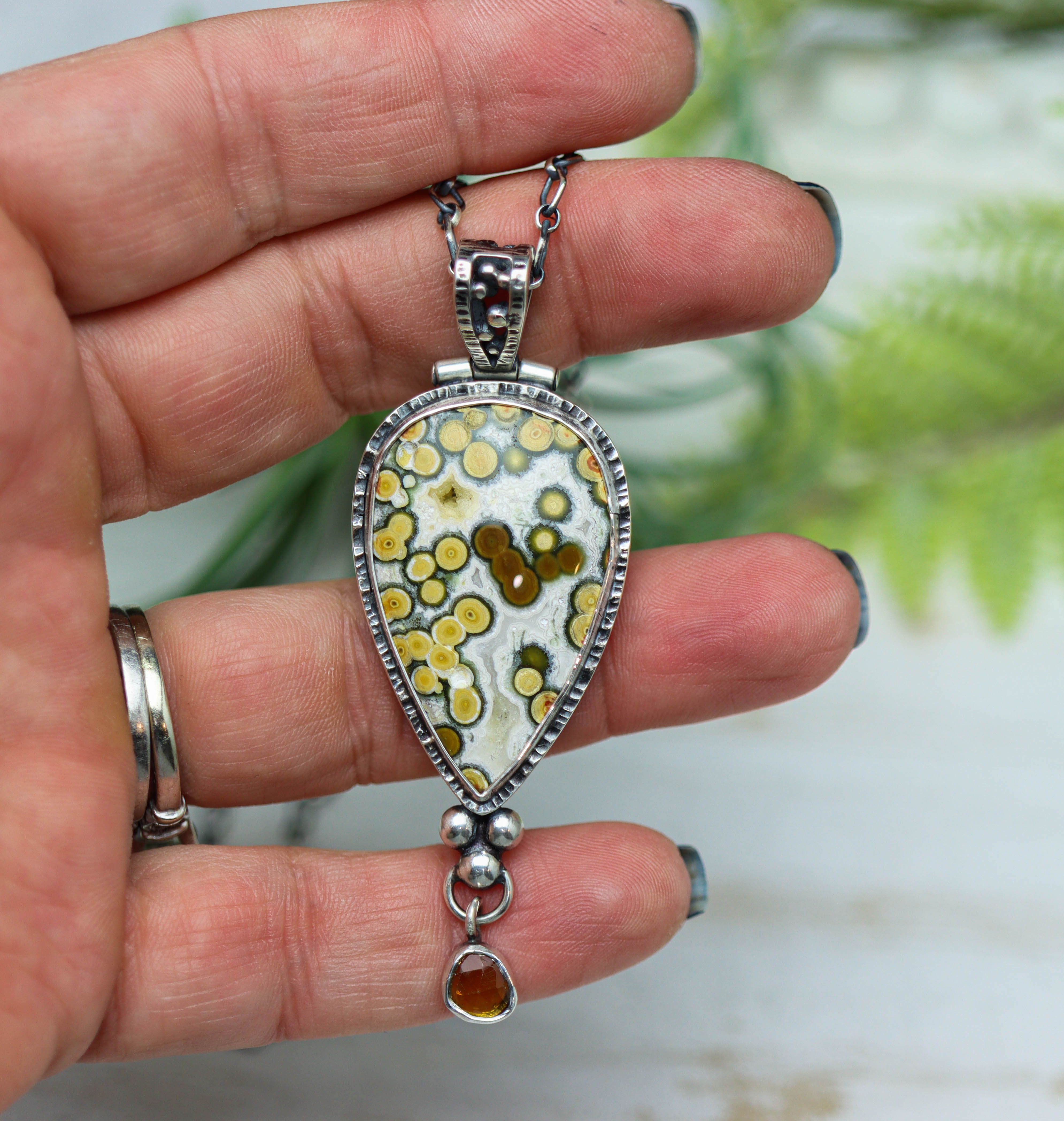 Orbicular Jasper and Mandarin Citrine Pendant Necklace Sterling Silver