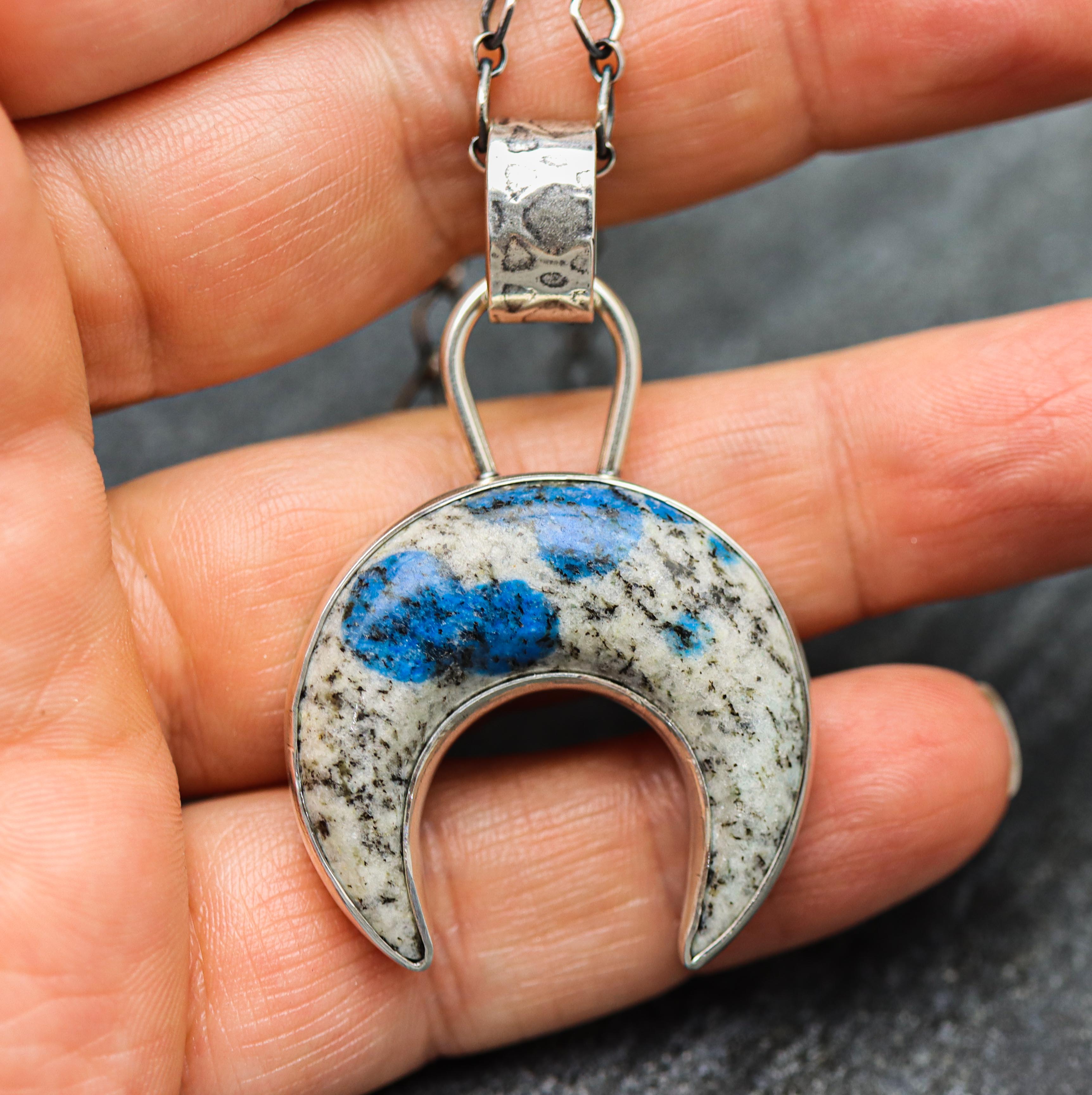Crescent Moon Pendant Necklace Sterling Silver K2 Granite with Blue Azurite