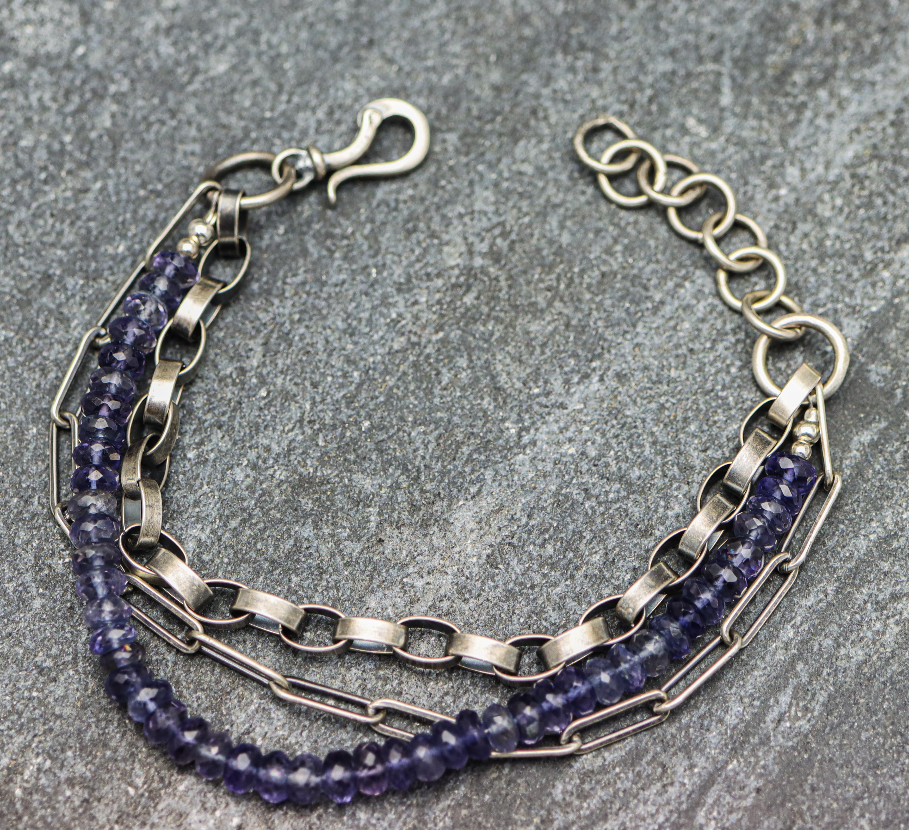 Blue Violet Iolite & Sterling Silver Triple Strand Bracelet