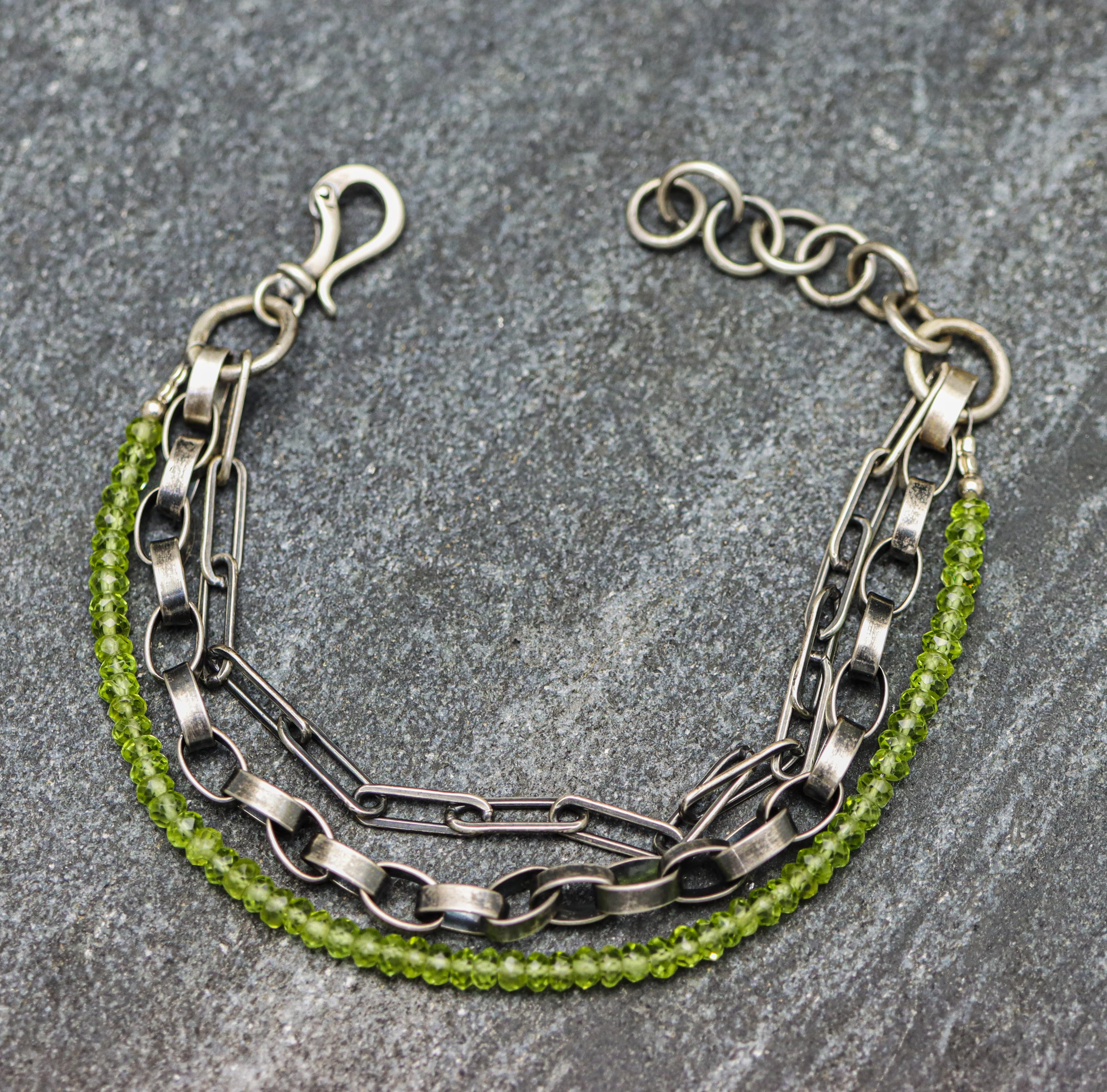 Green Peridot Multi Strand Bracelet Sterling Silver