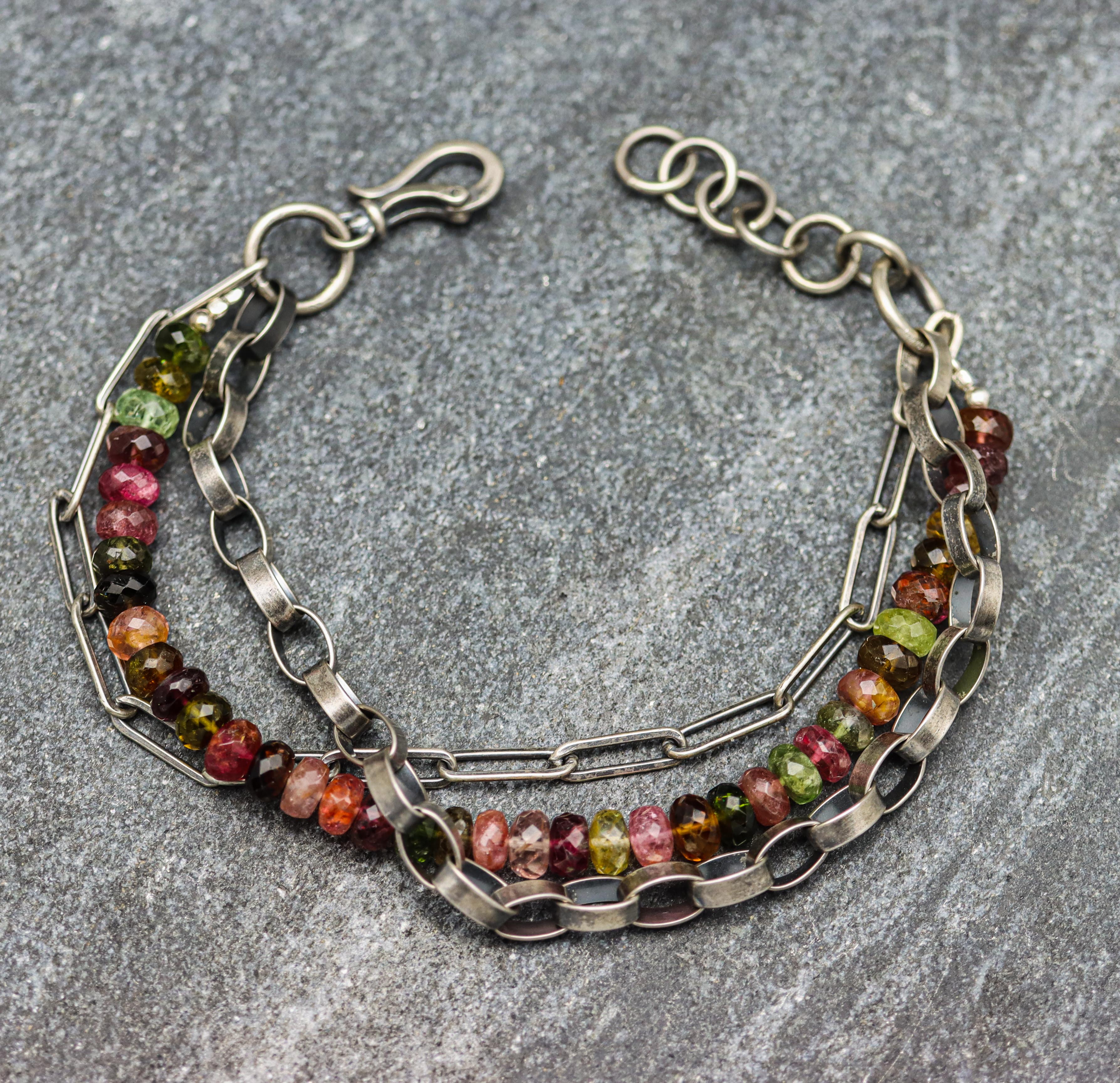 Multi-Colored Tourmaline & Sterling Silver Triple Strand Bracelet