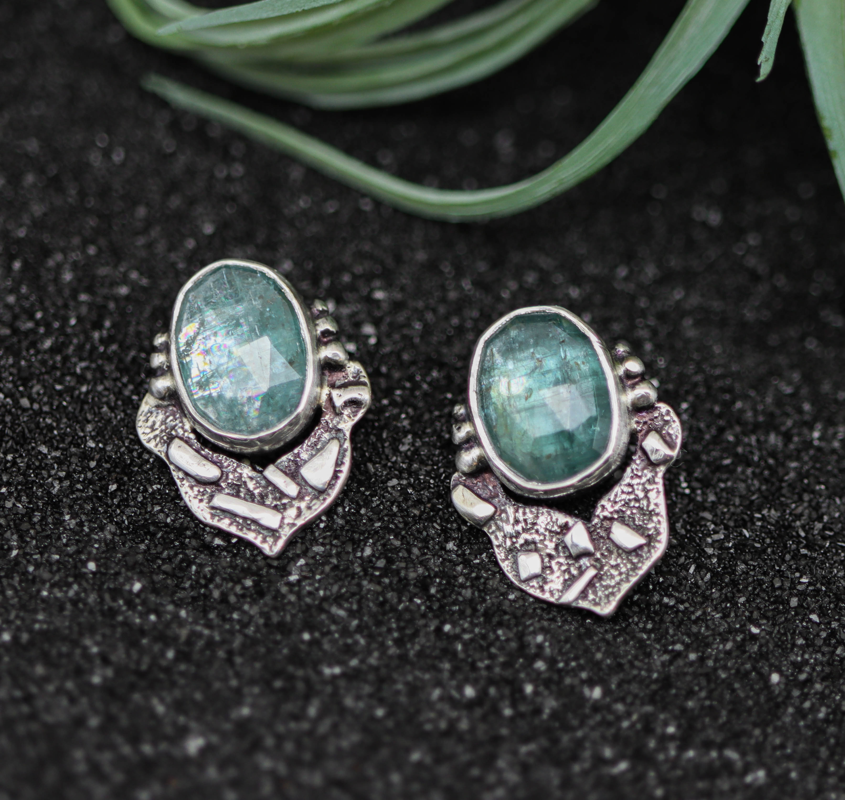 Aqua Blue Kyanite Sterling Silver Embellished Stud Earrings